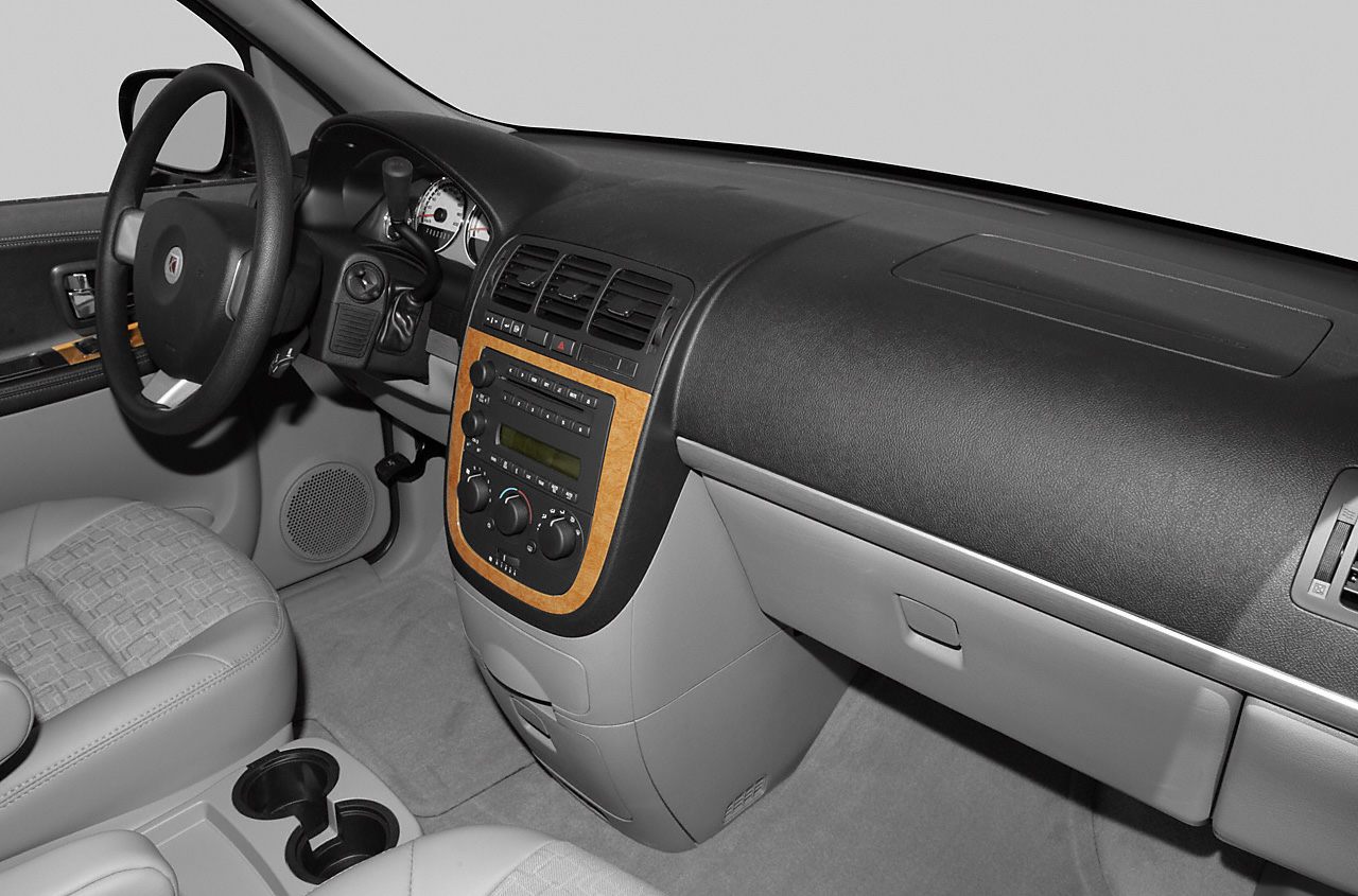 Car dashboard, steering wheel, center console, and wood trim details
