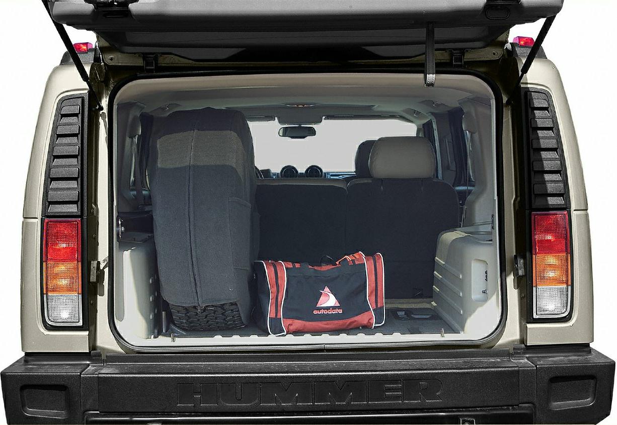 Open rear cargo area with seats and tailgate of a large SUV