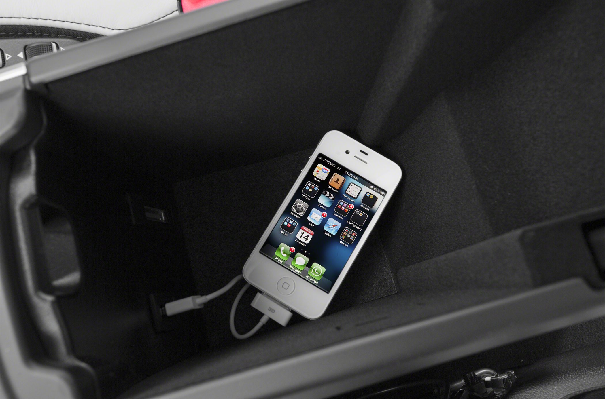 USB charging port inside center console storage compartment