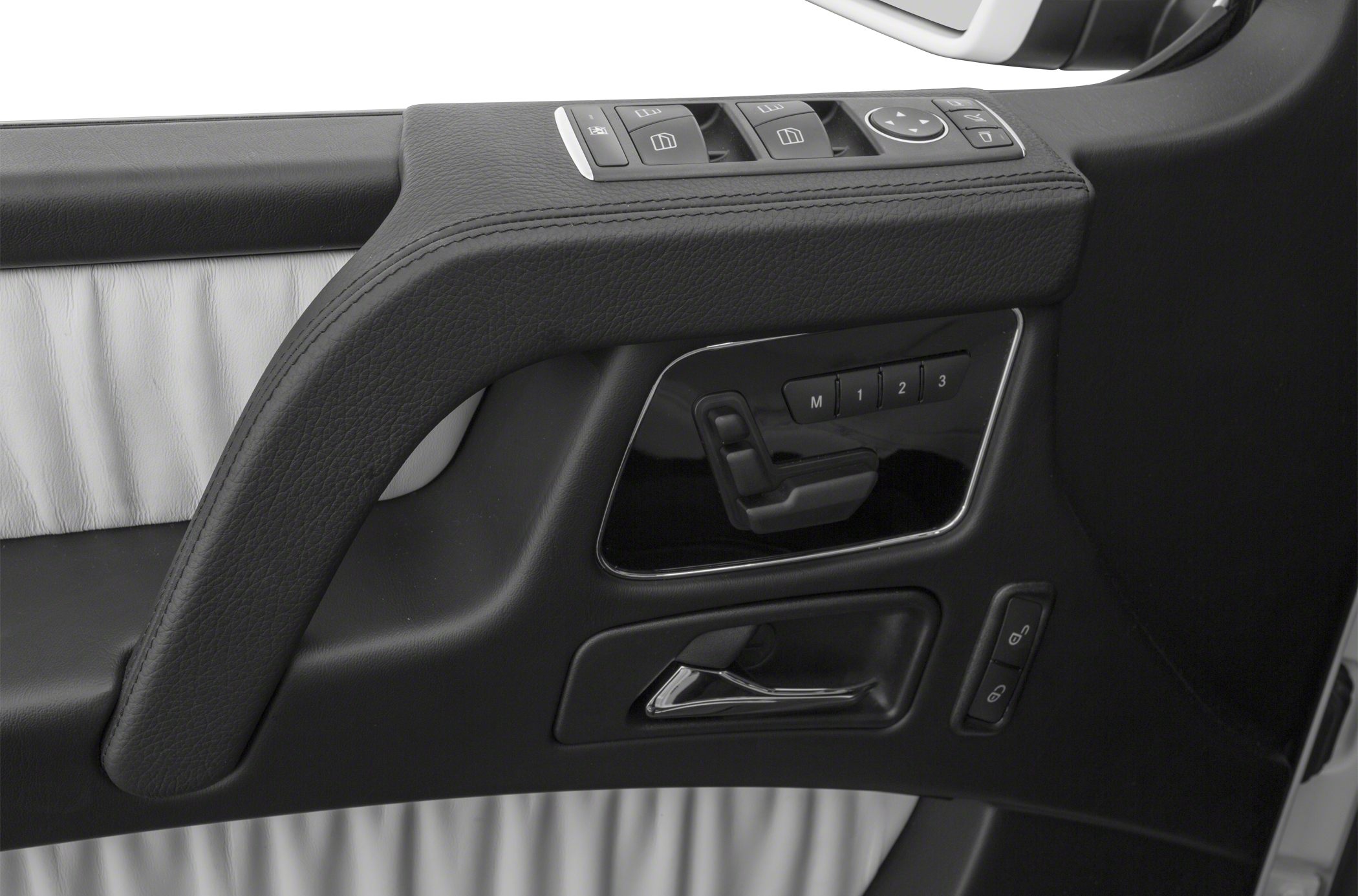 Close-up of door controls with seat memory and window switches