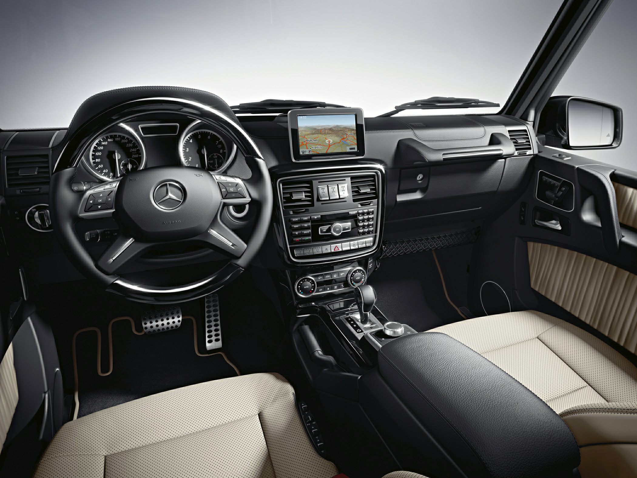 Luxury SUV interior with navigation system and multifunctional steering wheel