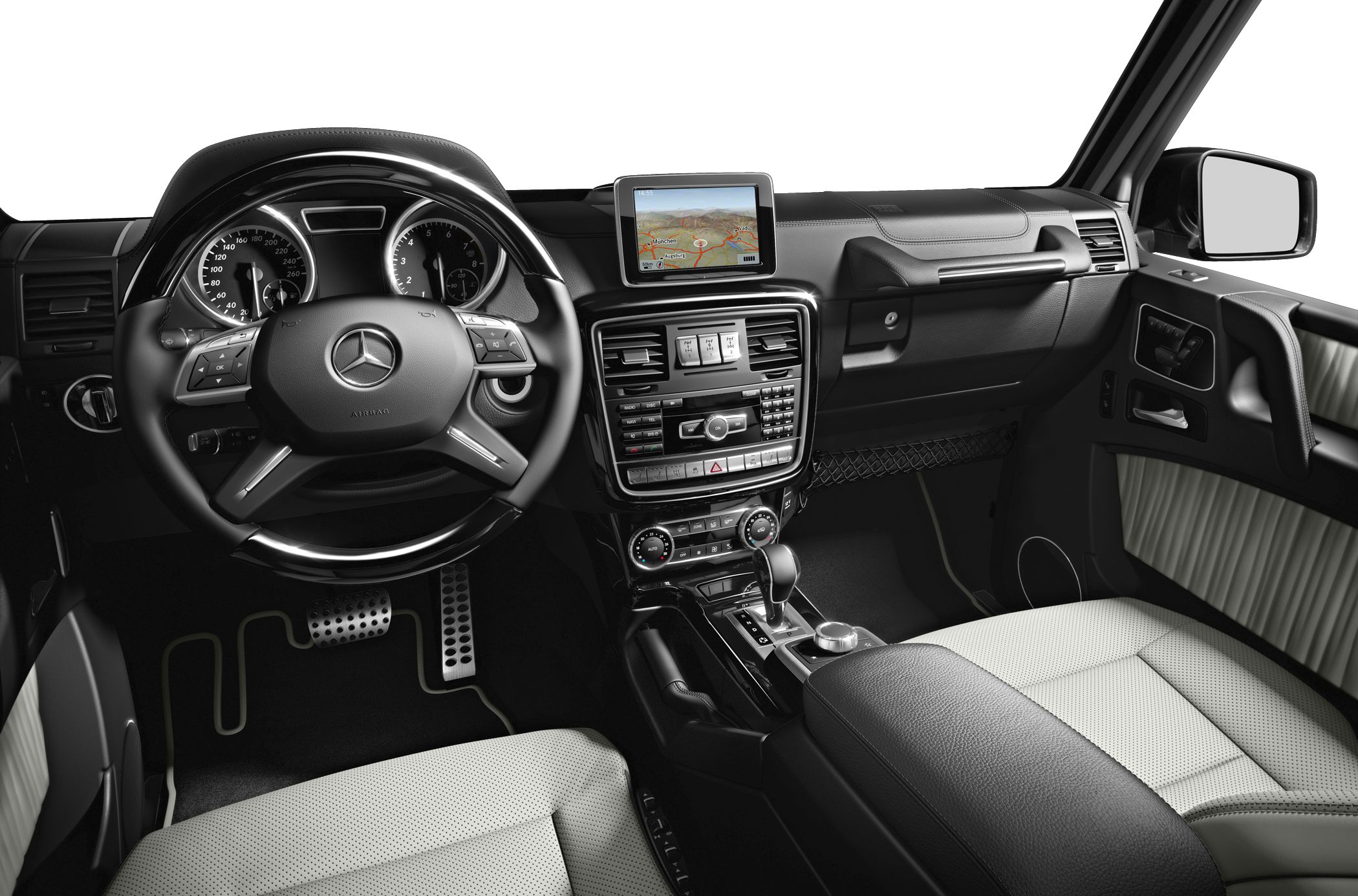 Dashboard and steering wheel with infotainment and controls