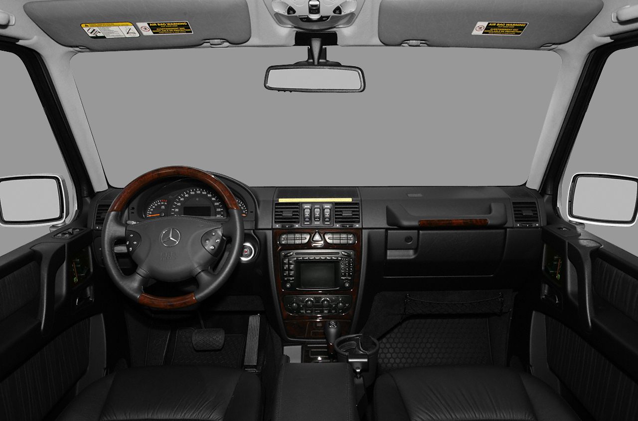 Wood-trimmed steering wheel and dashboard with center console controls
