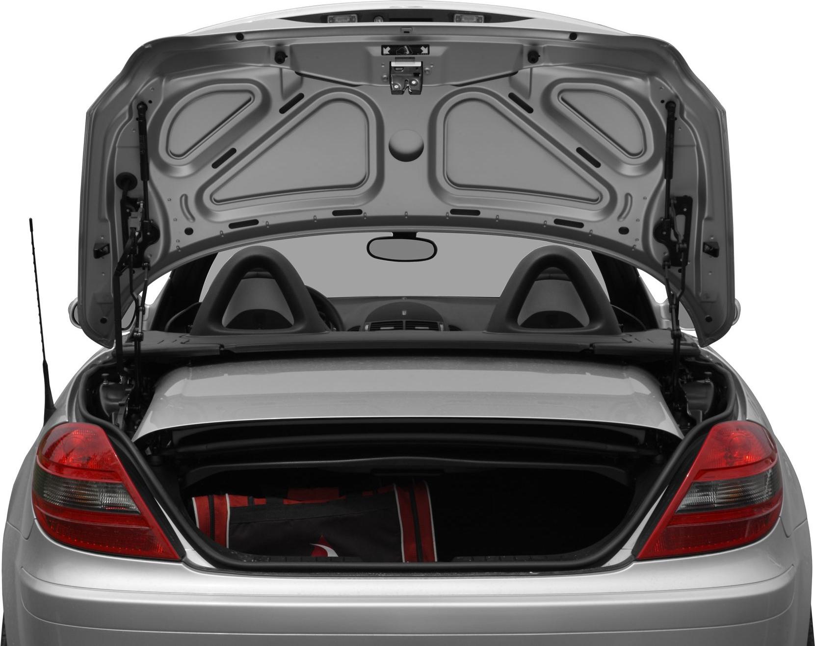 Convertible roof stowing mechanism with open trunk rear view
