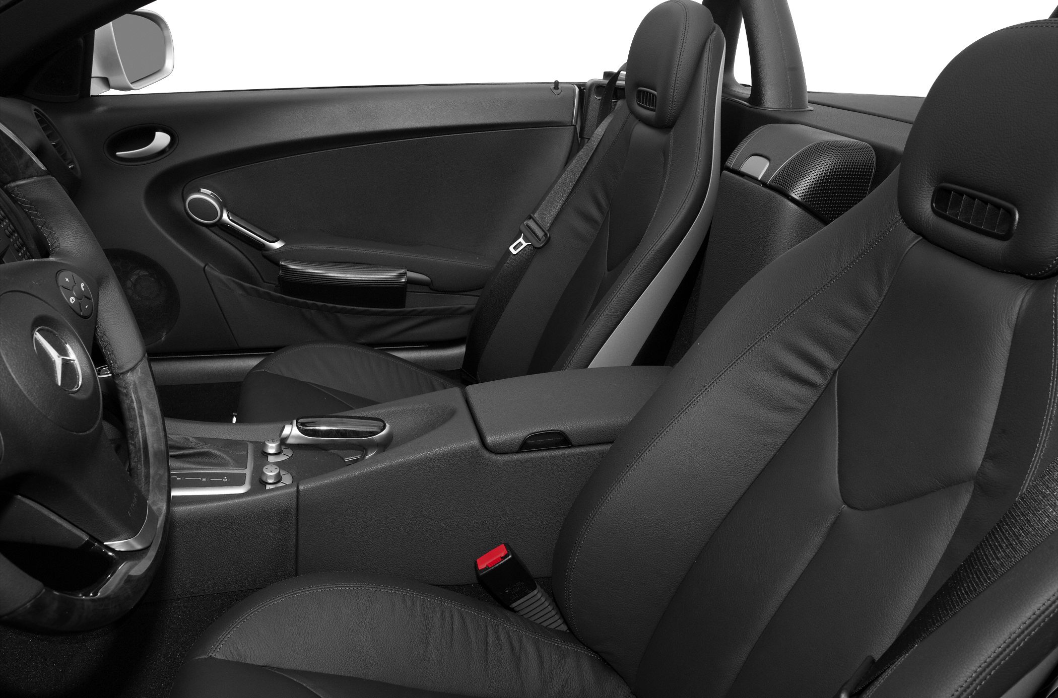Leather seats, center console, and door panel in car interior