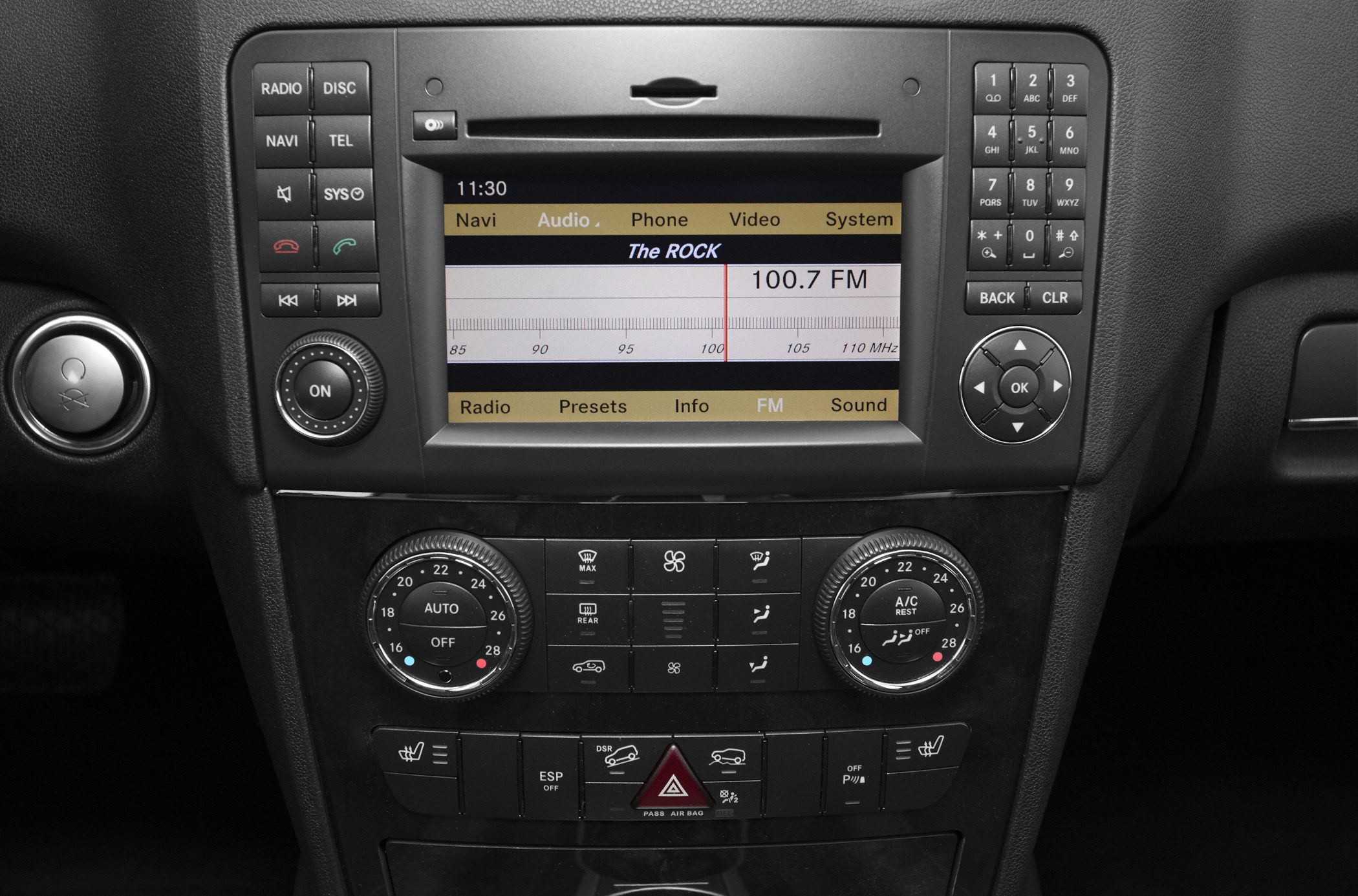 Center console infotainment system and dual-zone climate controls.