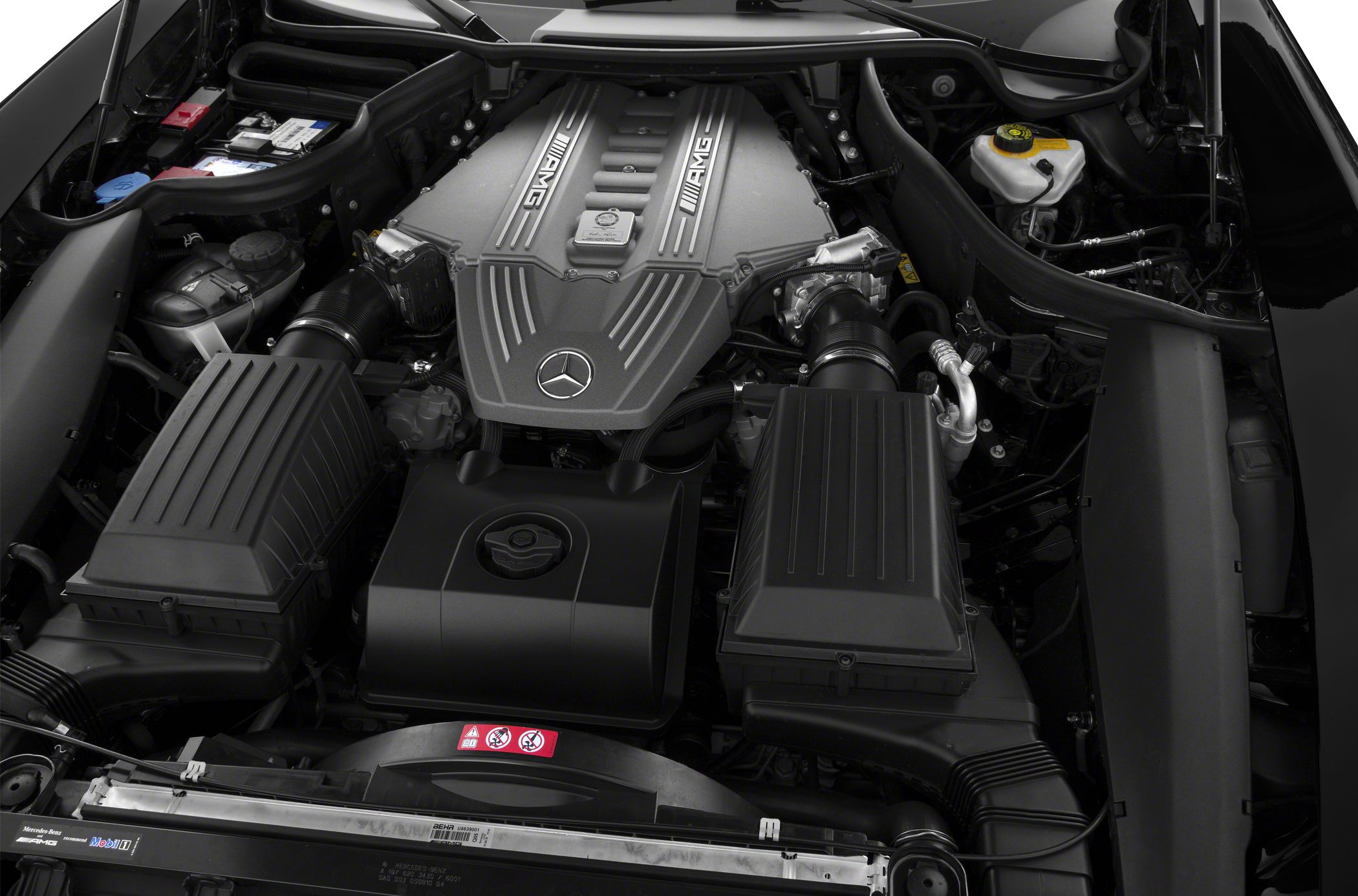 High-performance AMG engine bay with distinct dual air filters.