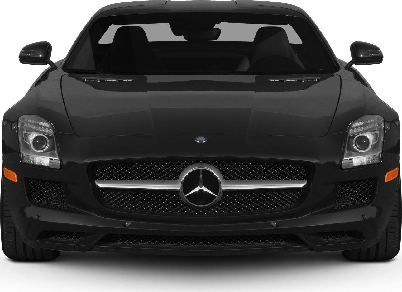 Front view featuring grille and headlights of a sleek black sports coupe