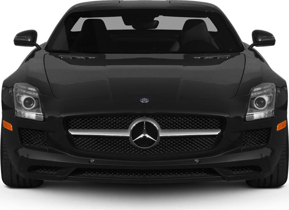 Front view of black sports car with grille and headlights