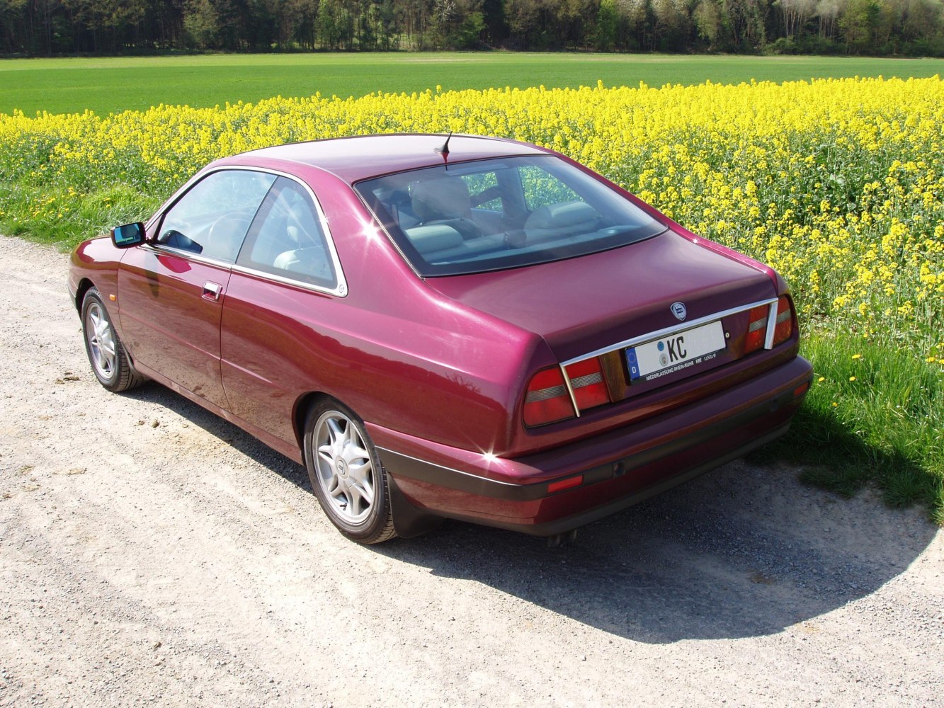 Rear view of a burgundy coupe with distinctive tail lights and smooth silhouette.