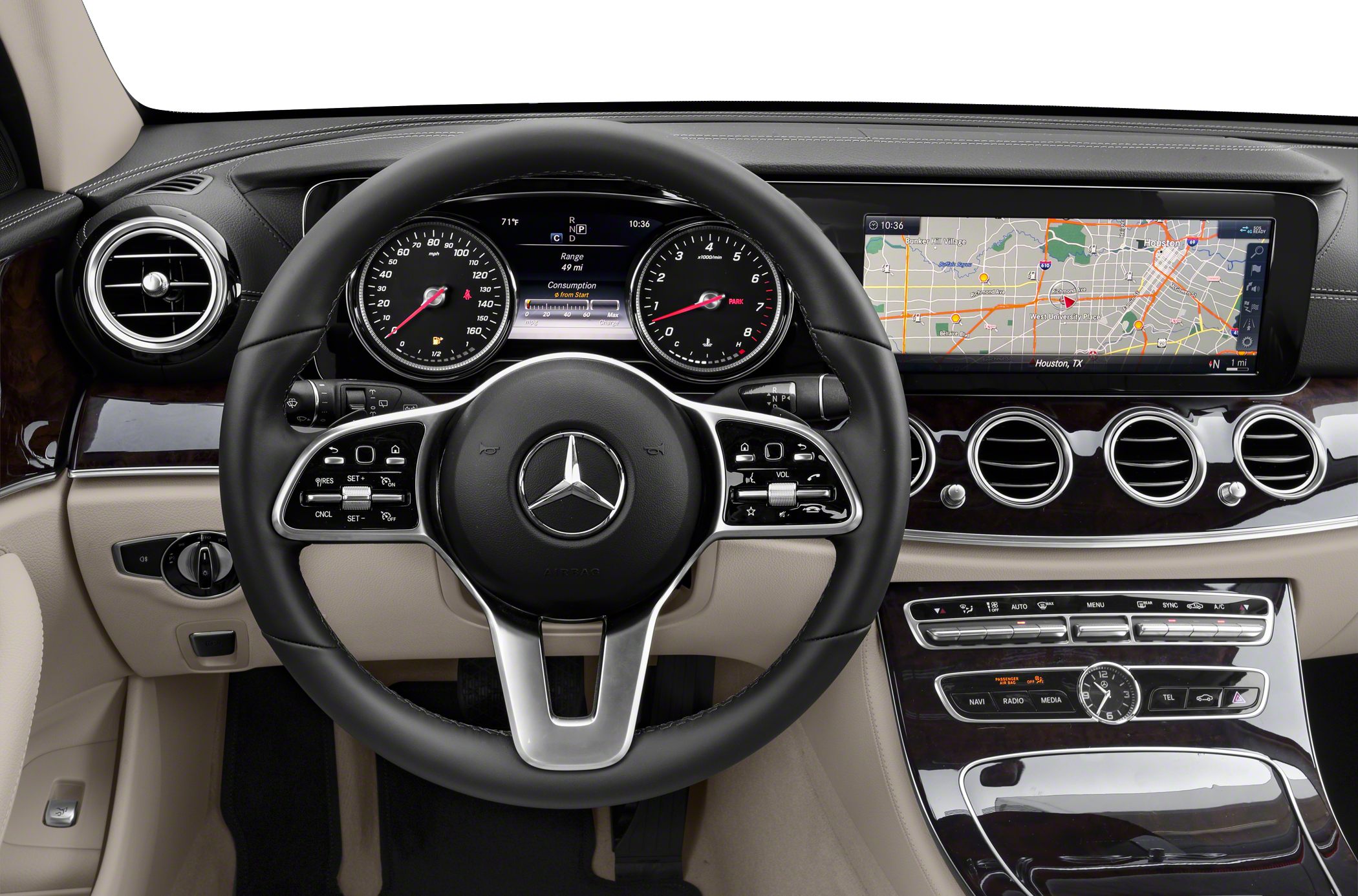 Luxury car dashboard with digital gauges and widescreen navigation display
