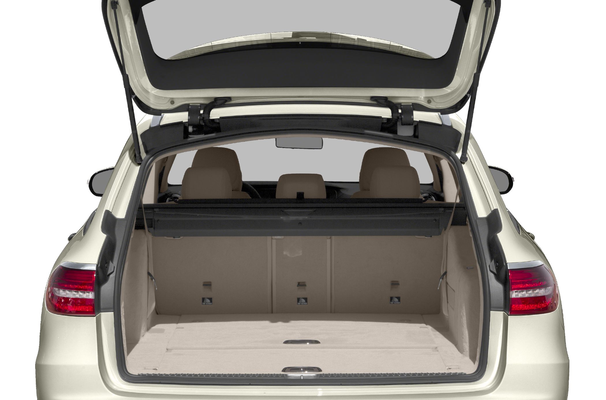 Open rear trunk space with foldable rear seats and dual liftgate struts