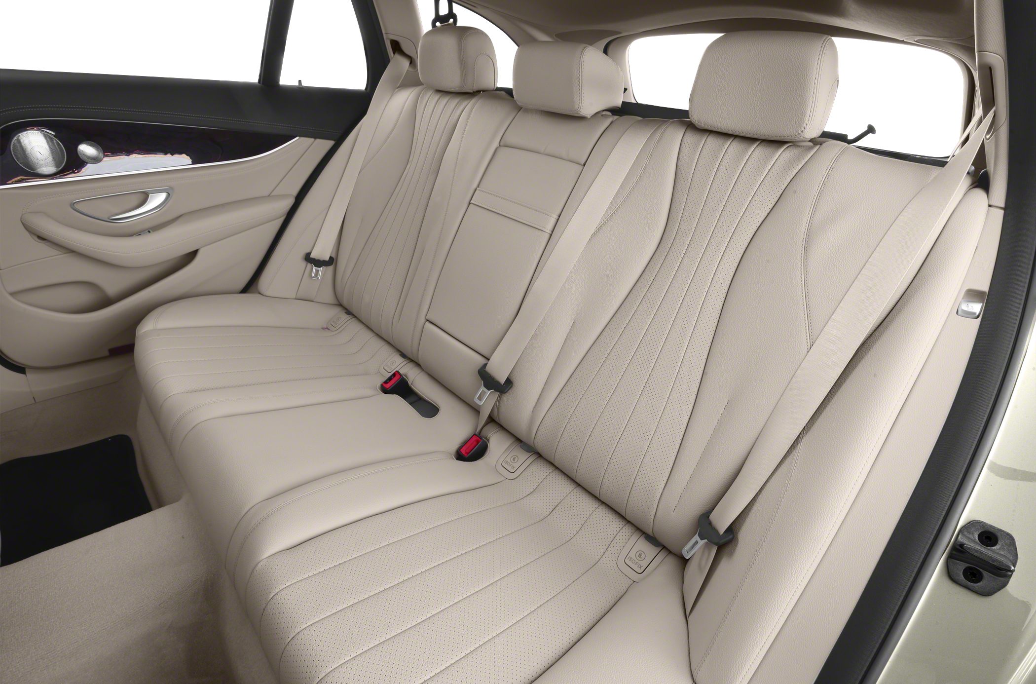 Beige leather rear seat with seat belts and headrests