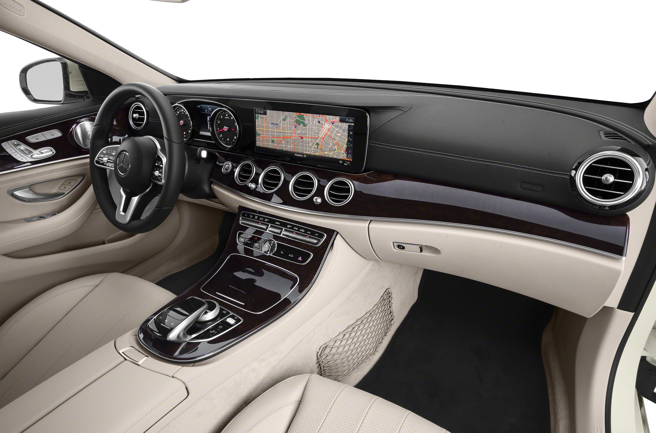 Digital dashboard with navigation and luxury wood trim console