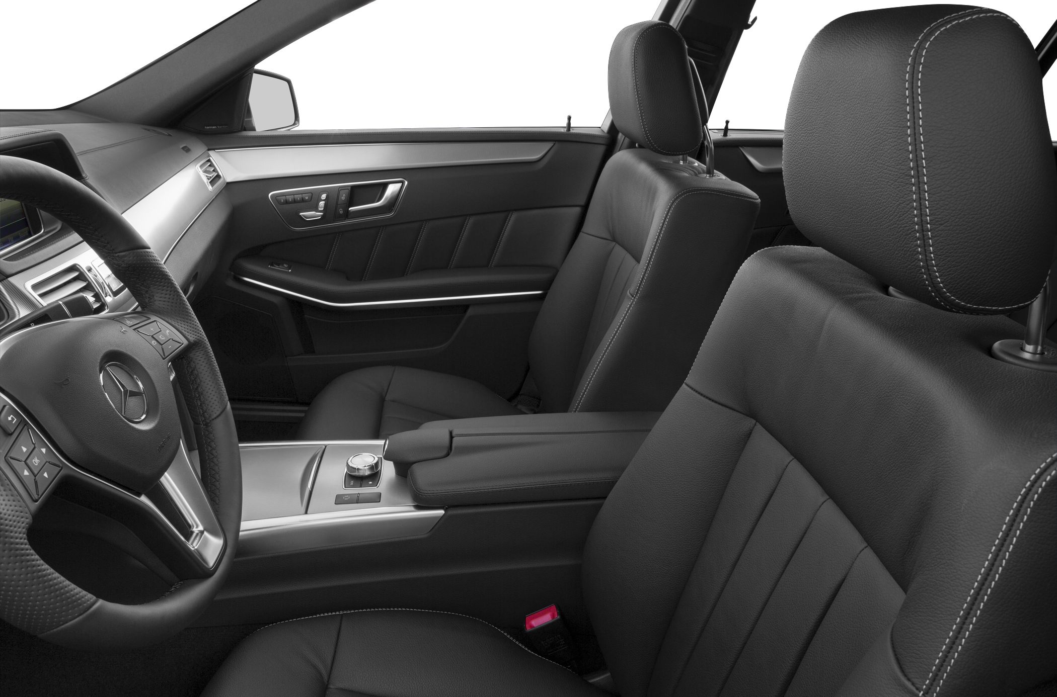 Black leather car interior with steering wheel and control console
