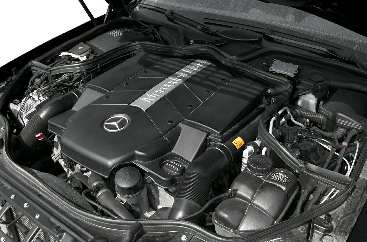 Engine bay with Mercedes-Benz branded engine cover and components