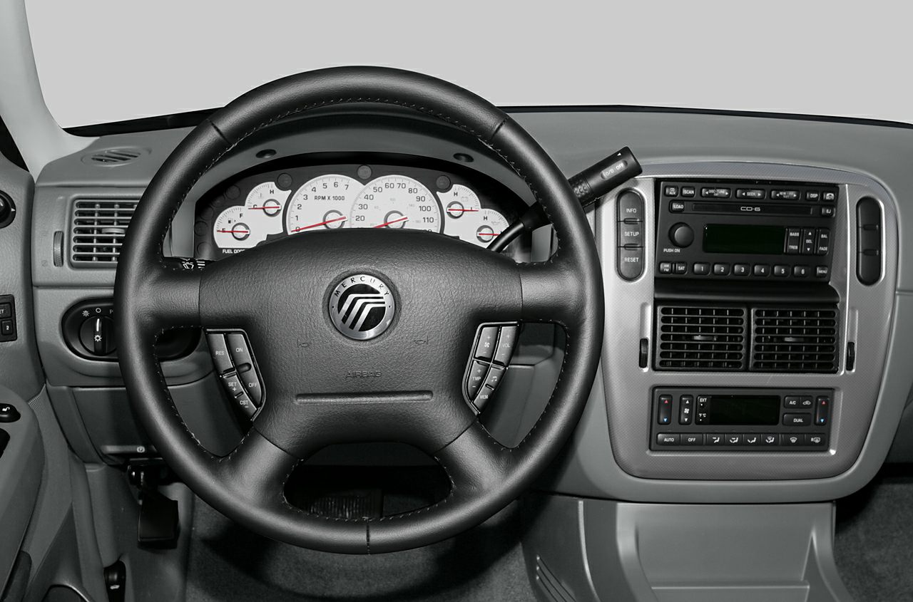 Steering wheel with integrated controls and central dashboard with audio and climate controls