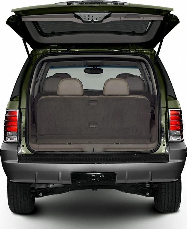 Rear view of SUV with open tailgate showing seats and cargo space