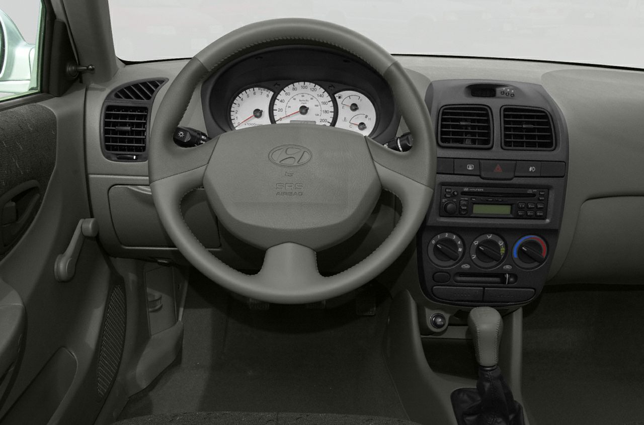 Dashboard and steering wheel with analog gauges and manual controls