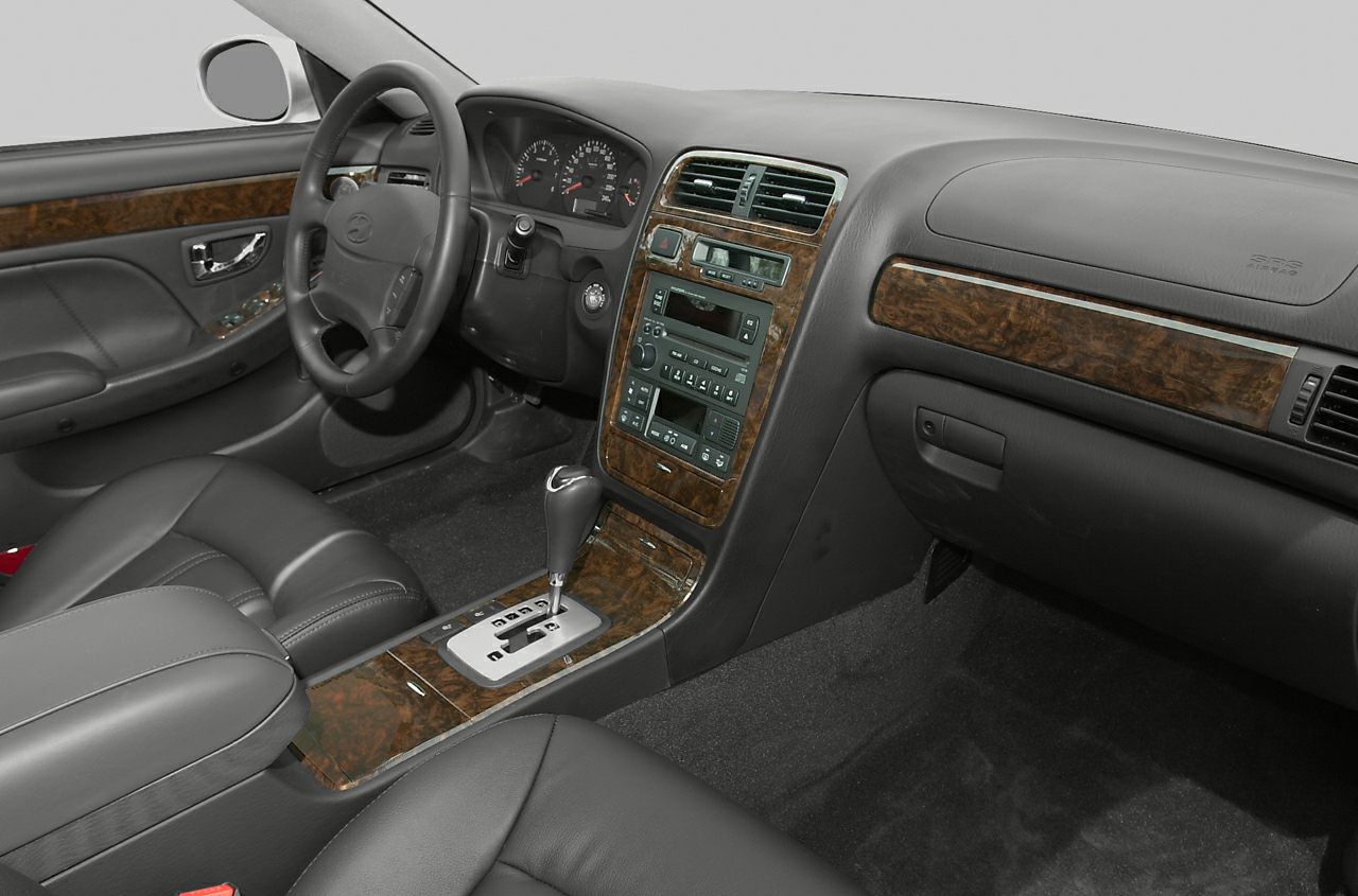 Interior dashboard and center console with wood trim and gear shifter
