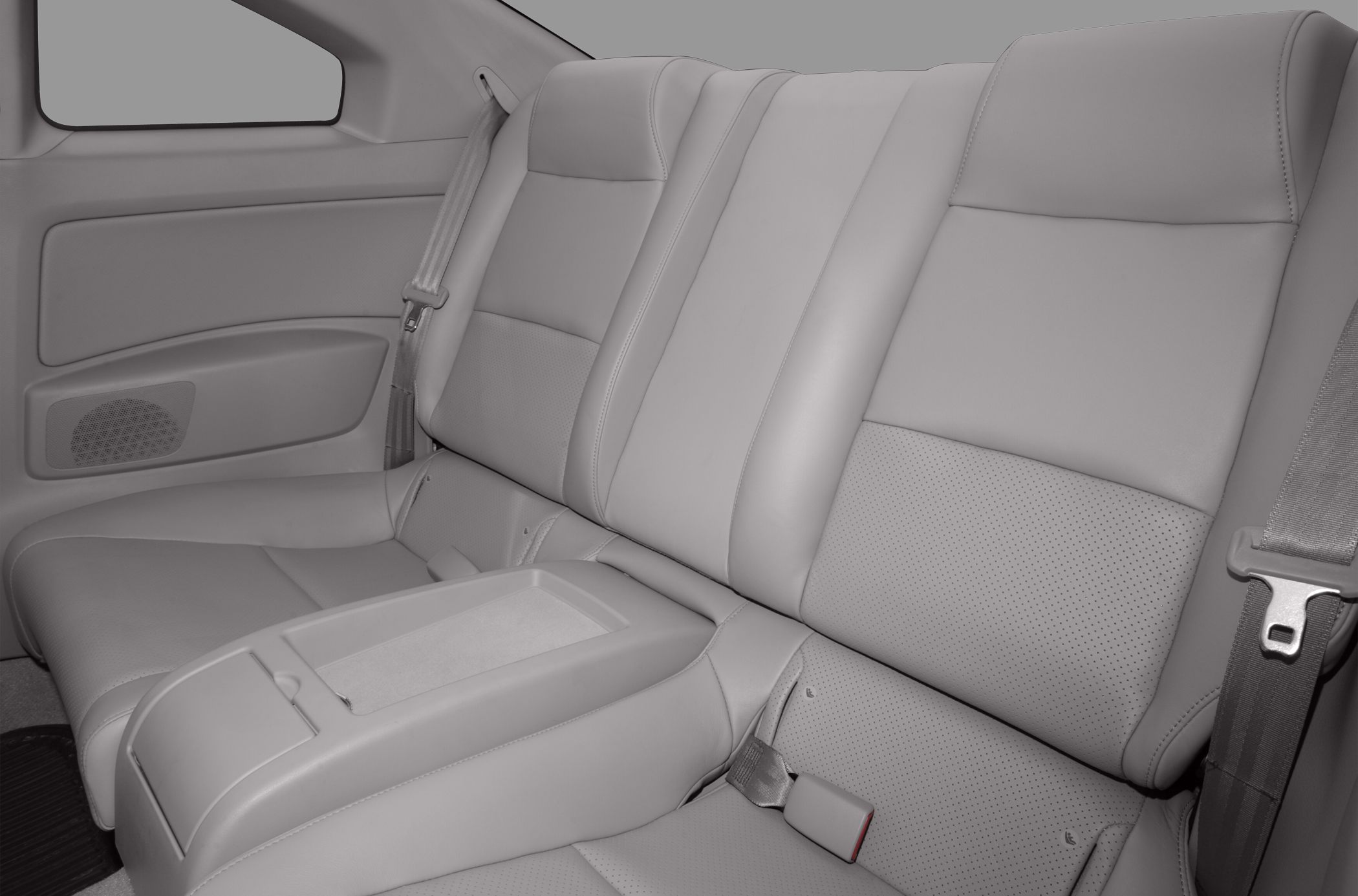 Leather rear seat with integrated armrest and seatbelt