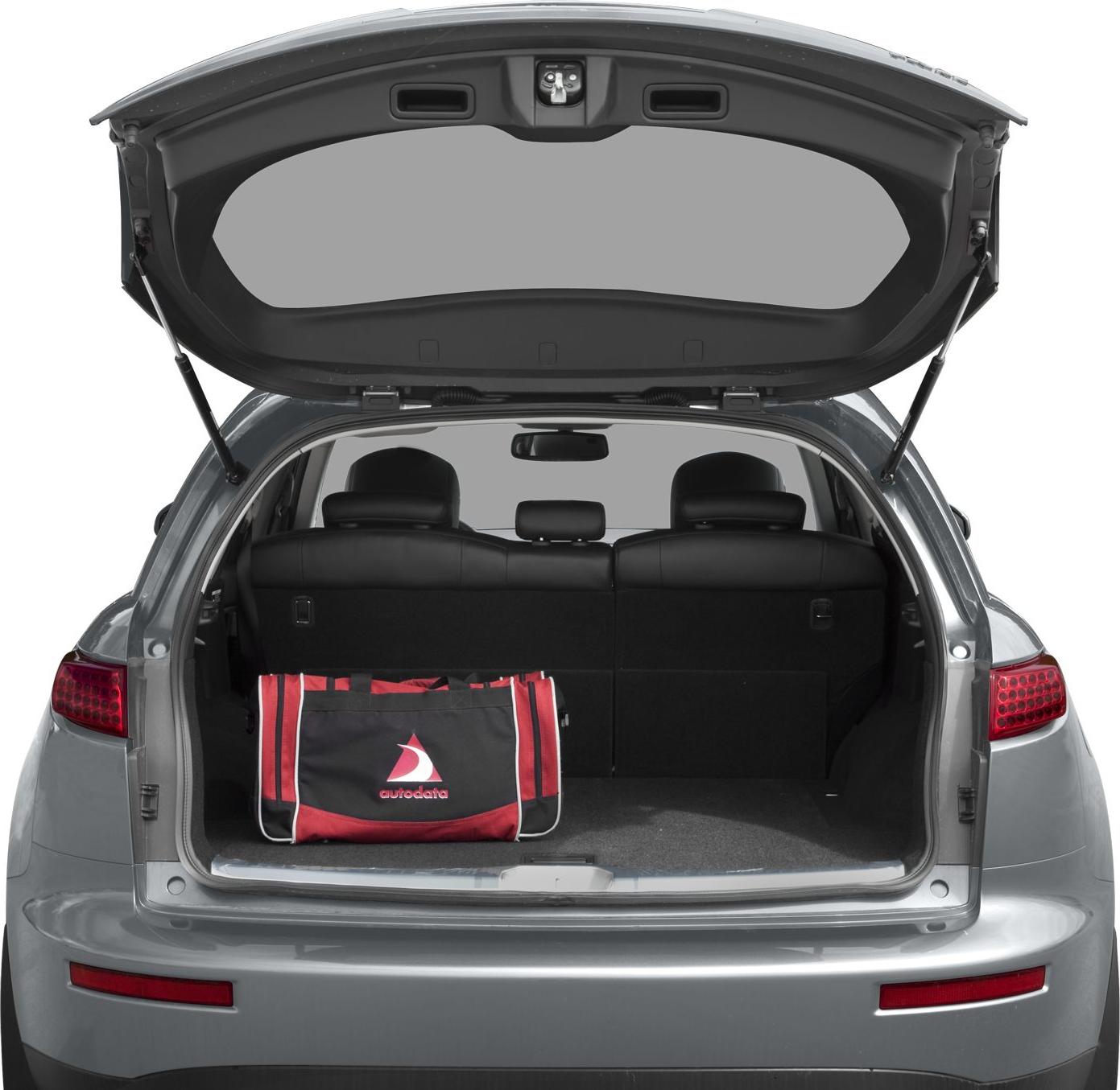 Open rear trunk with cargo space and a red-black bag inside