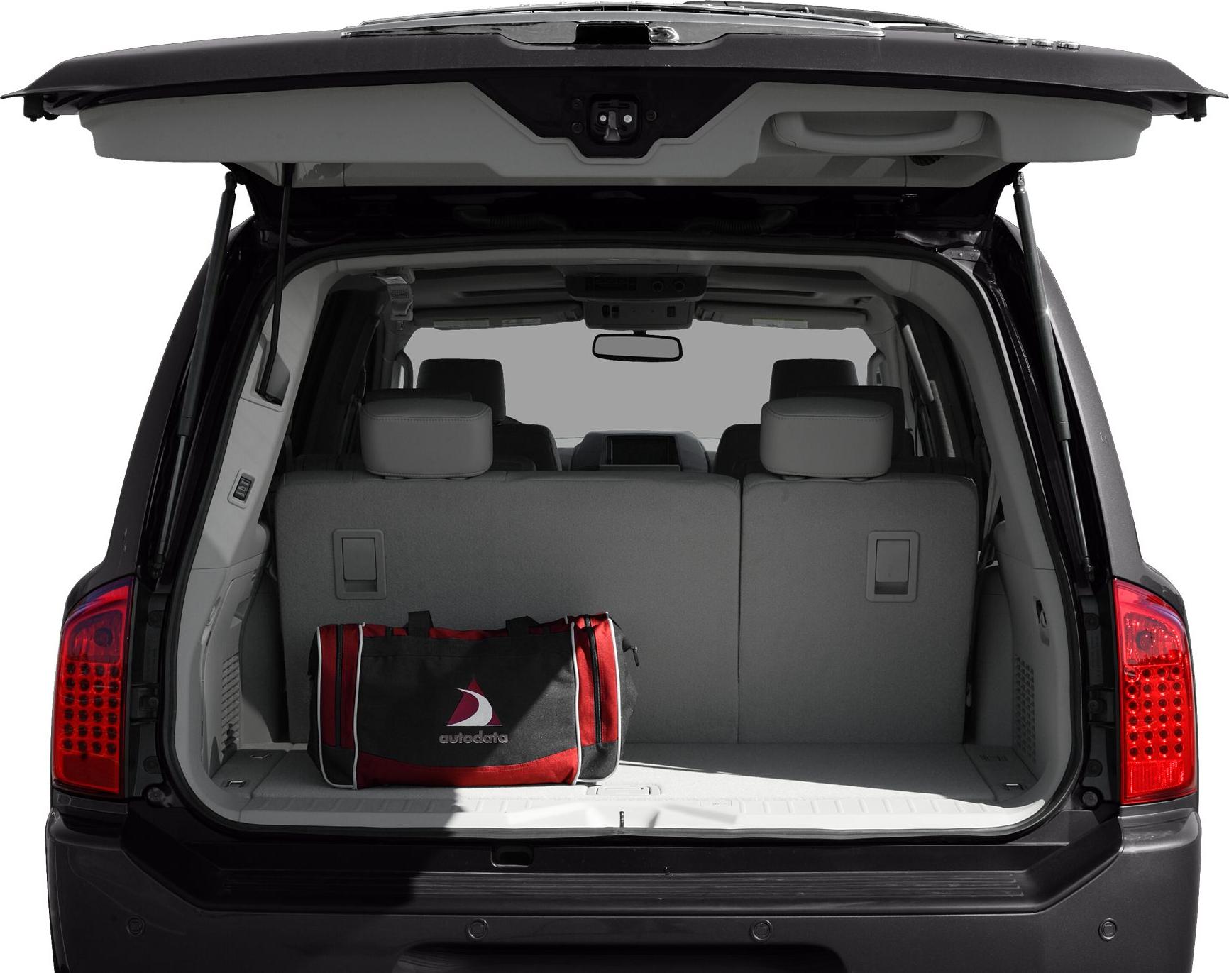 Open rear cargo space with seats and a duffel bag inside