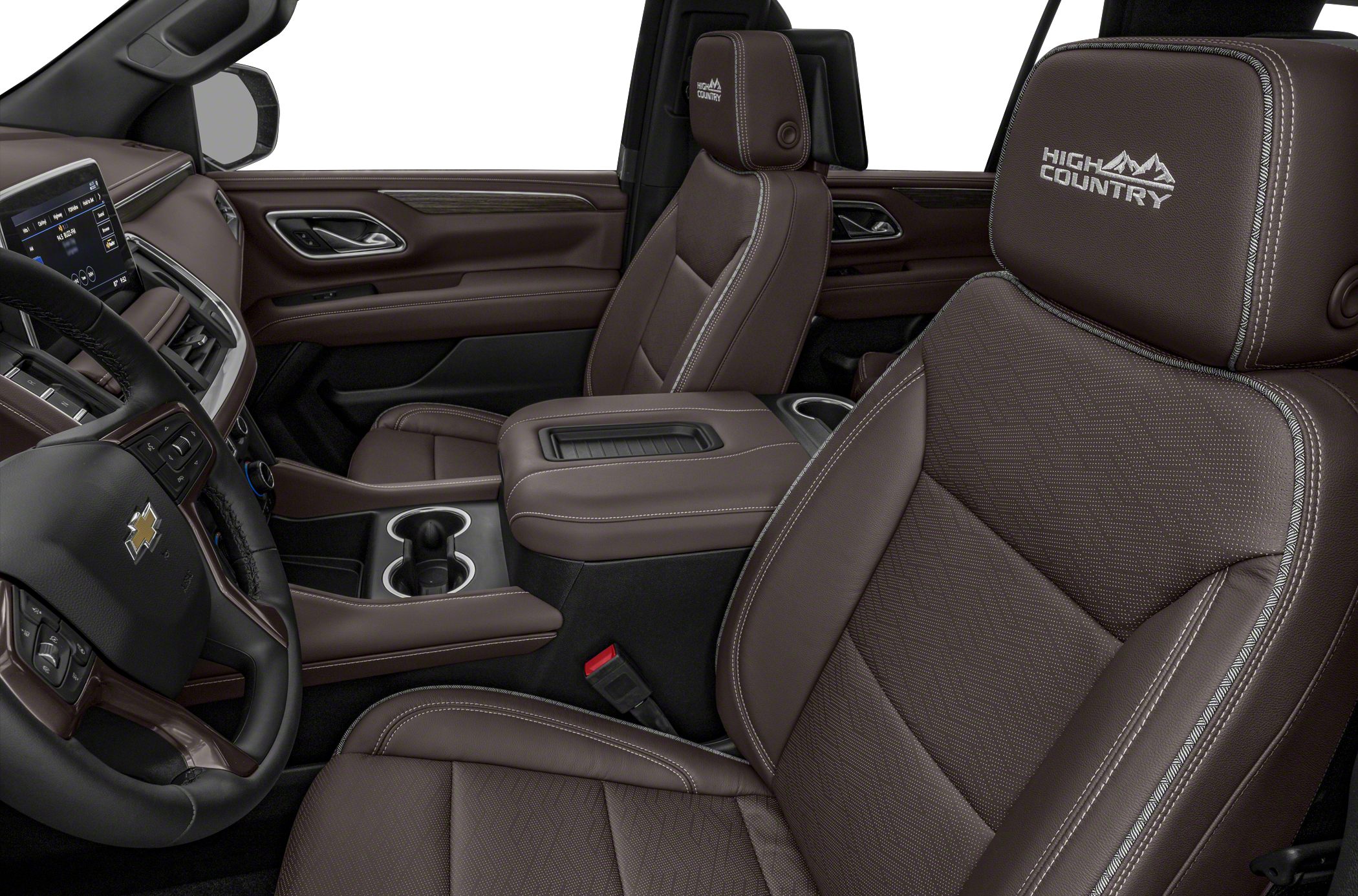 Brown leather seats with High Country embroidery, modern dashboard, and center console