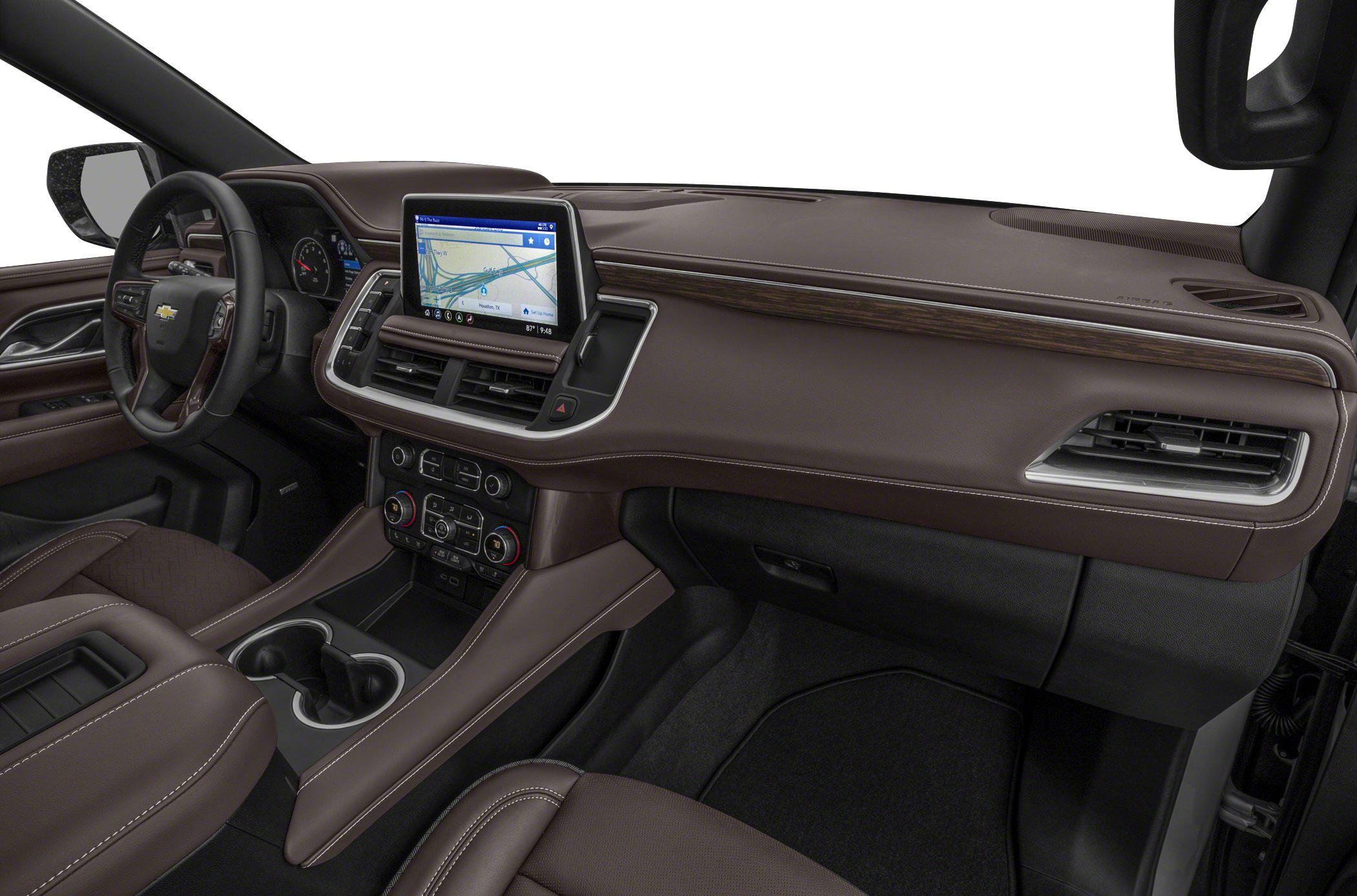 Modern SUV interior with touchscreen navigation and leather-trimmed dashboard