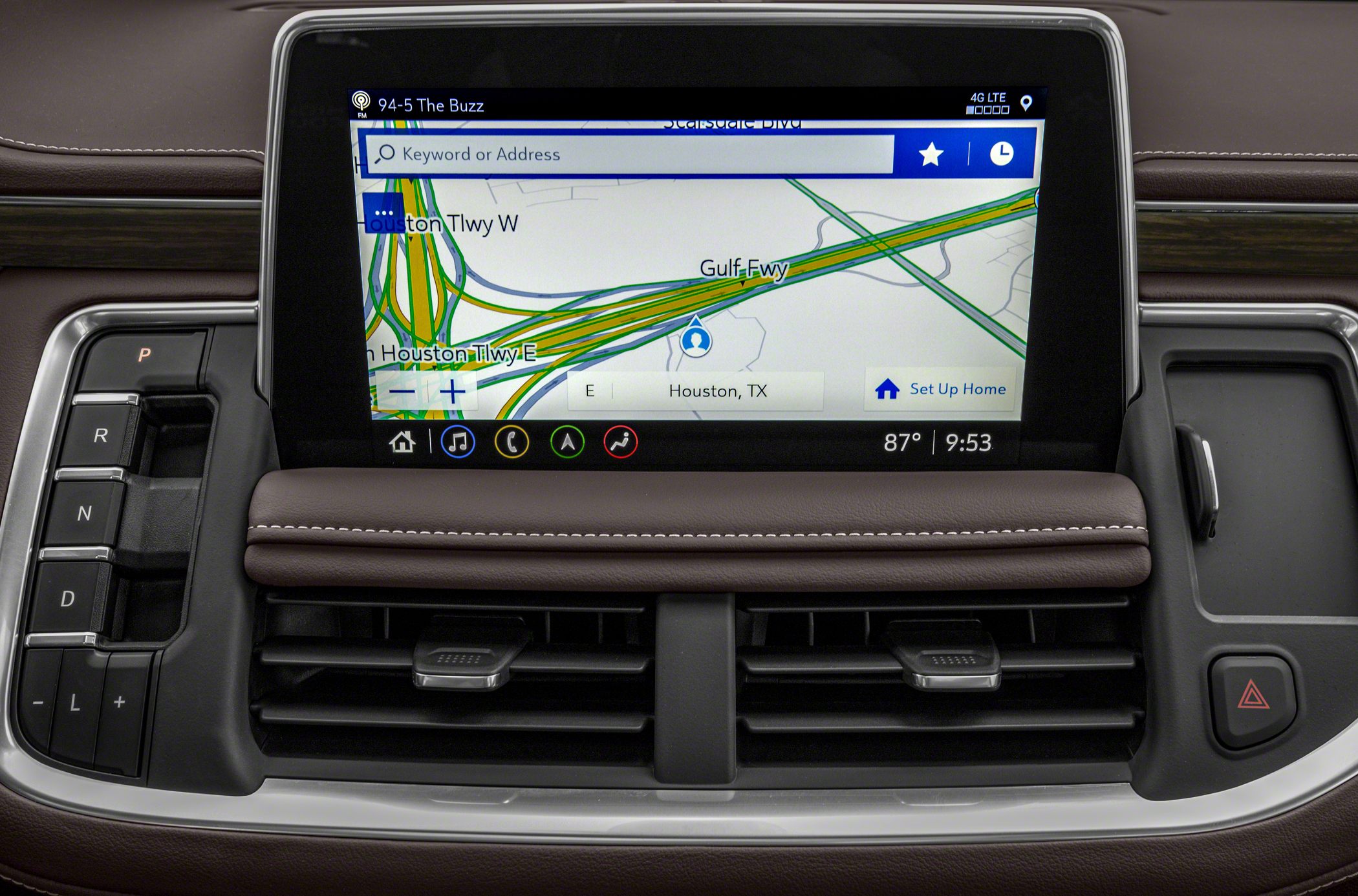 Large touchscreen navigation display with modern gear selector buttons