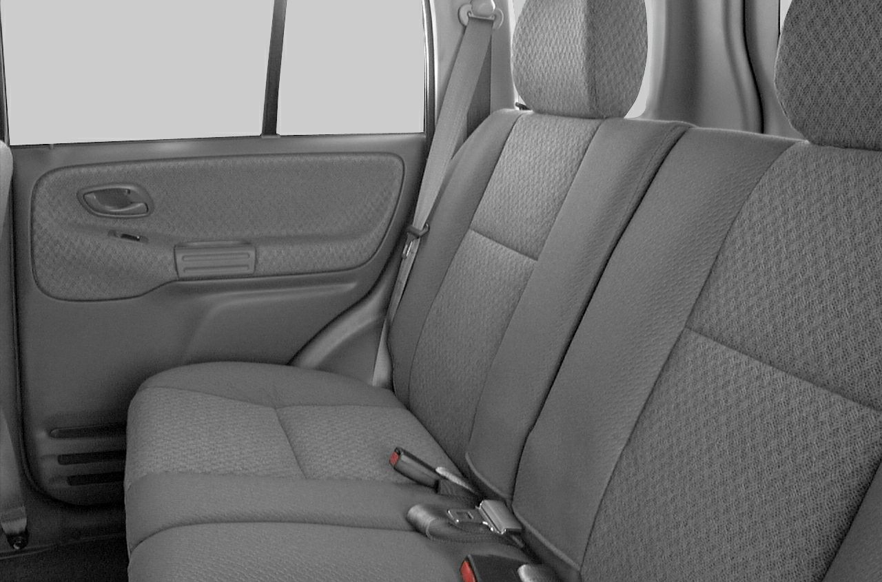Rear seat upholstery and car door interior with seatbelts and headrests.