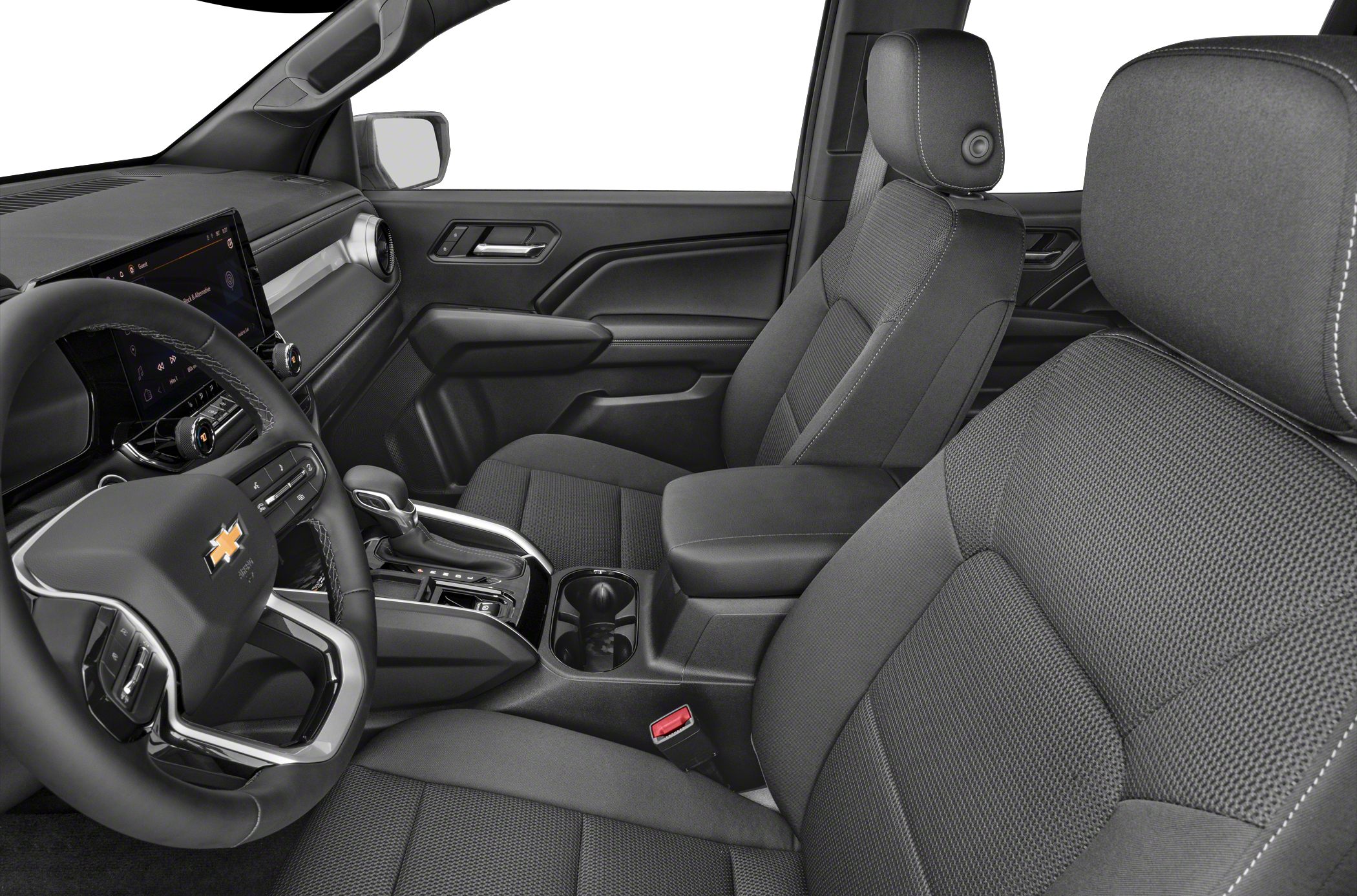 Modern car interior with steering wheel, dashboard, and center console.