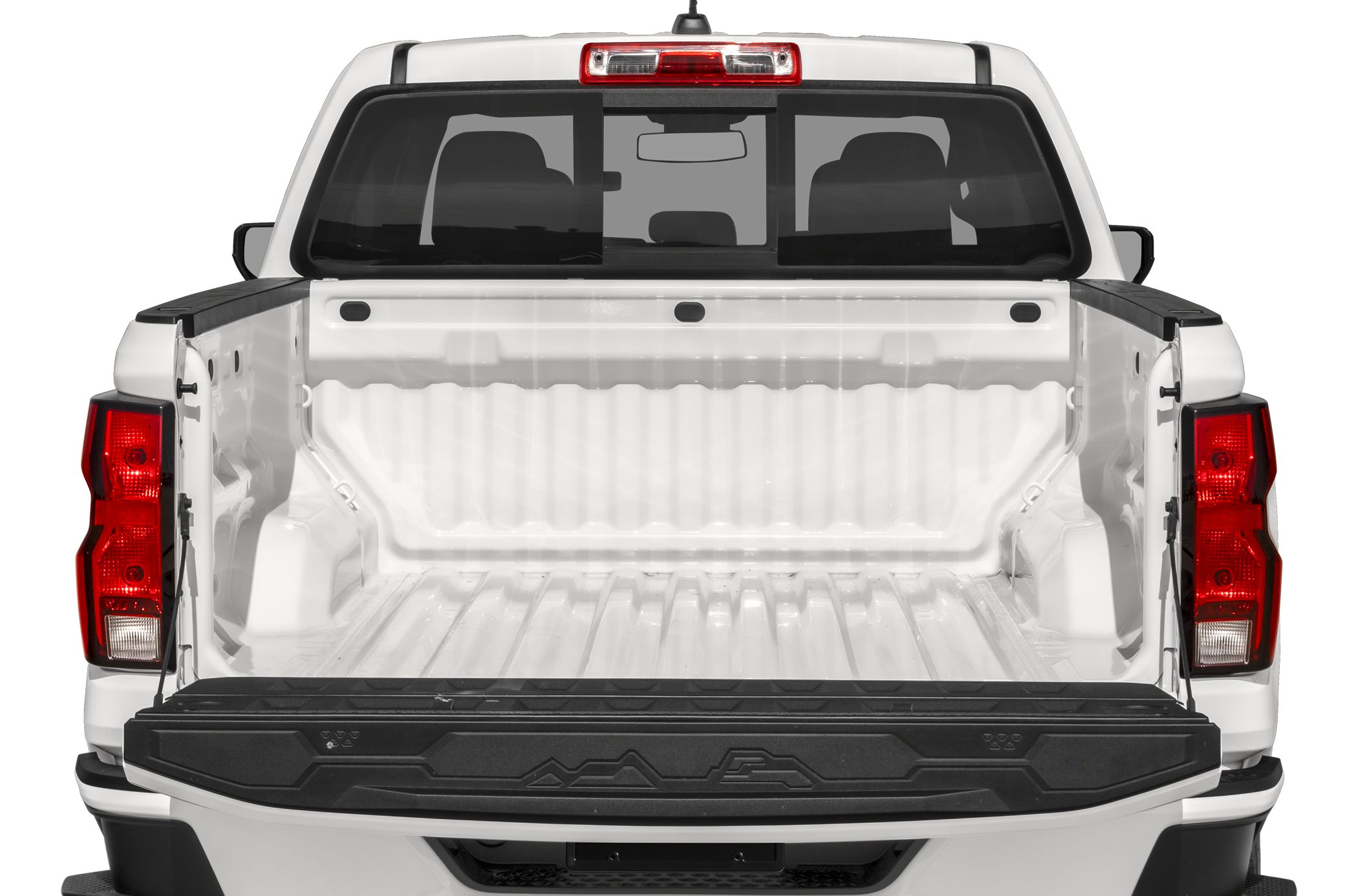 Open rear bed and tailgate of a pickup truck
