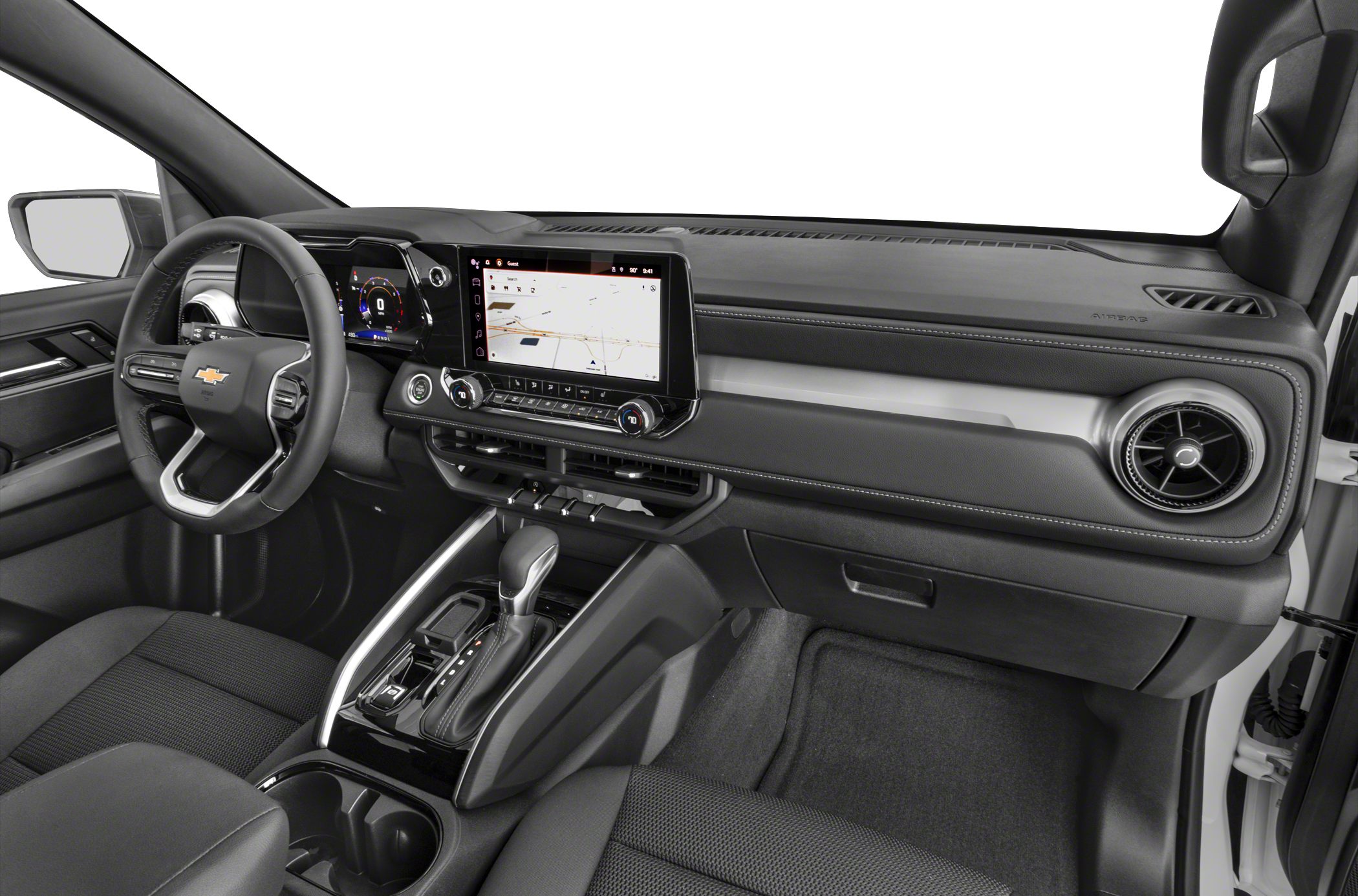 Modern dashboard and center console with digital display and steering wheel