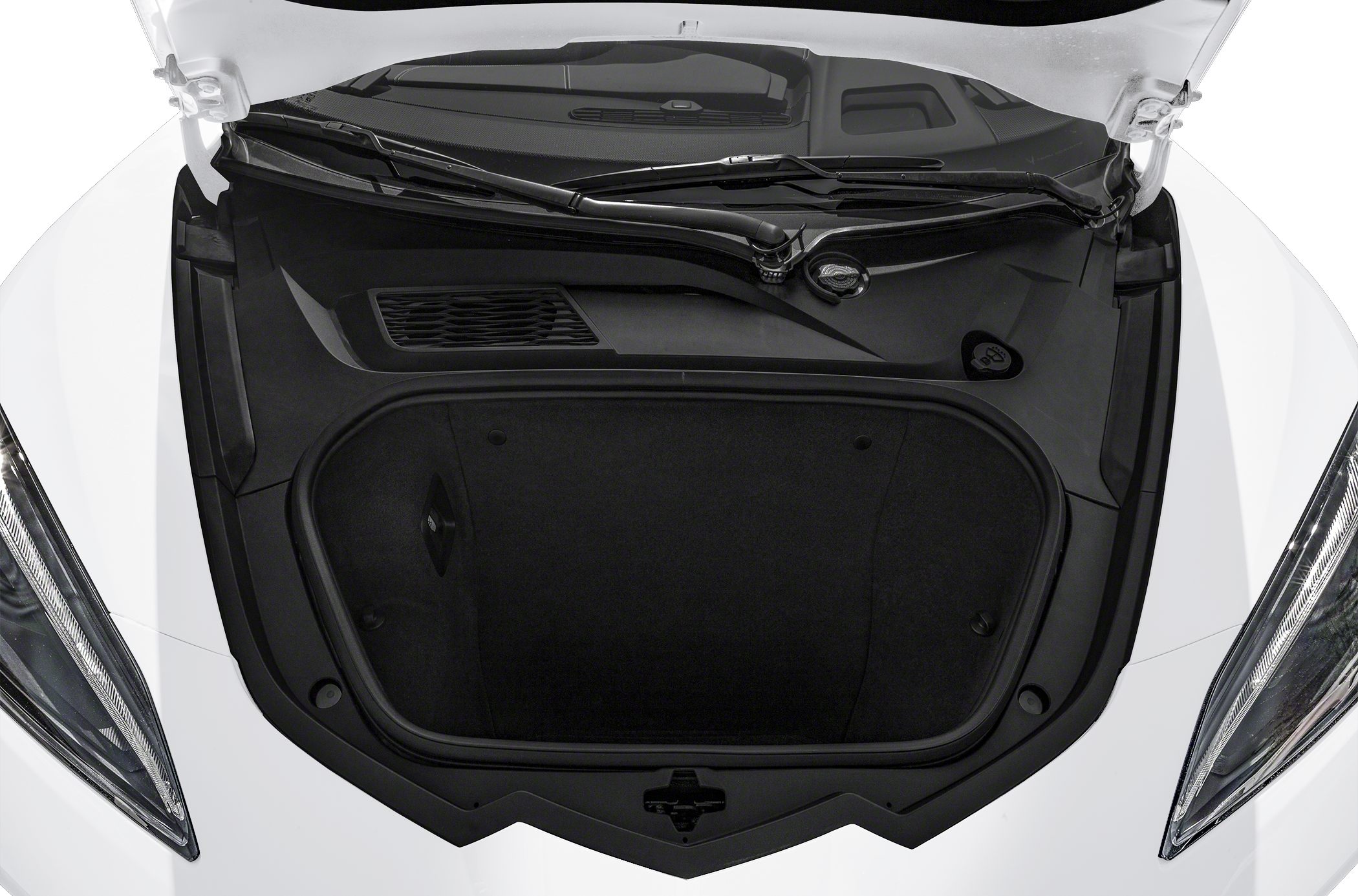 Front stowage compartment of a sports car with open lid