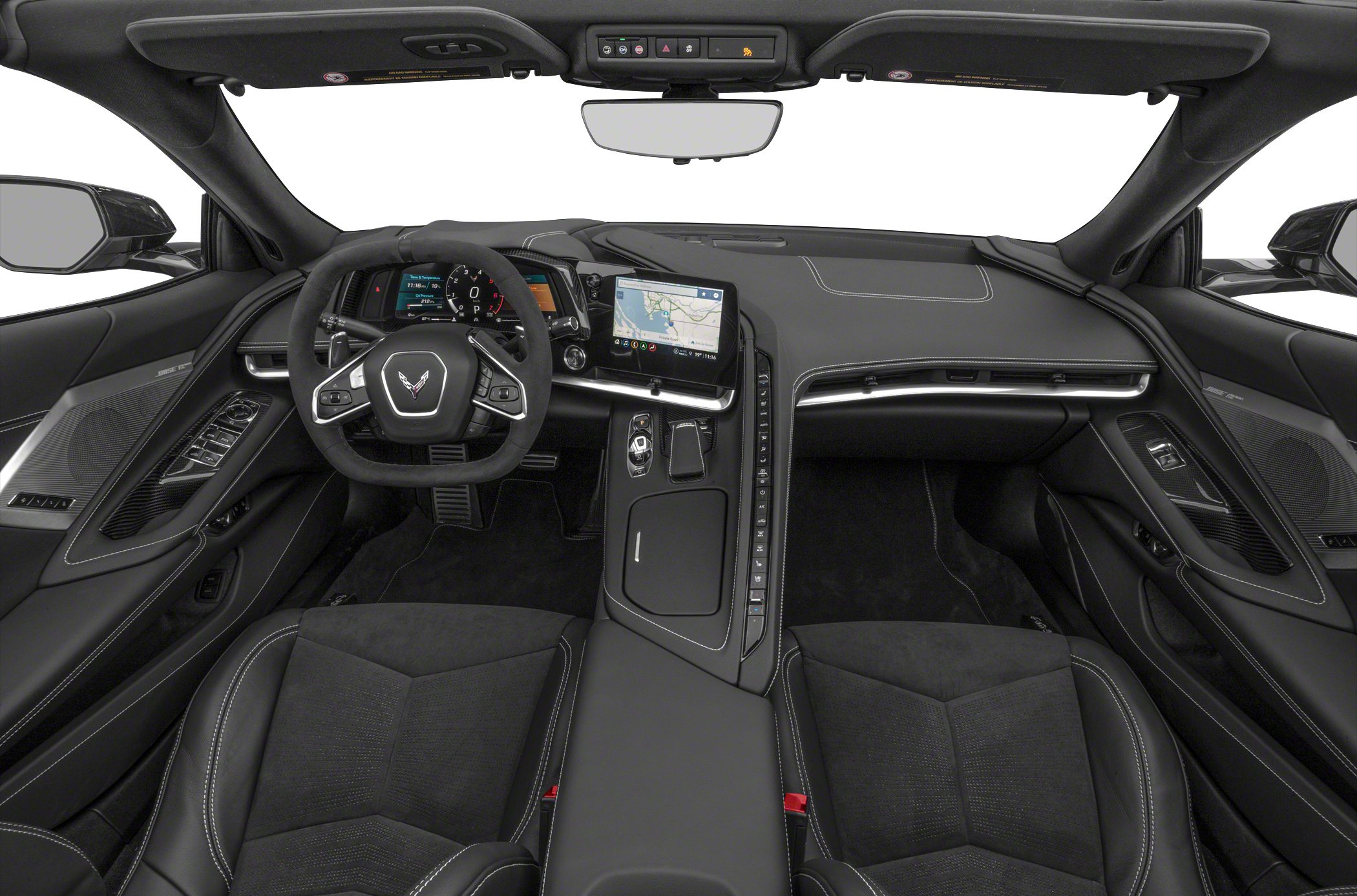 Digital dashboard, touchscreen, and modern steering wheel interior setup