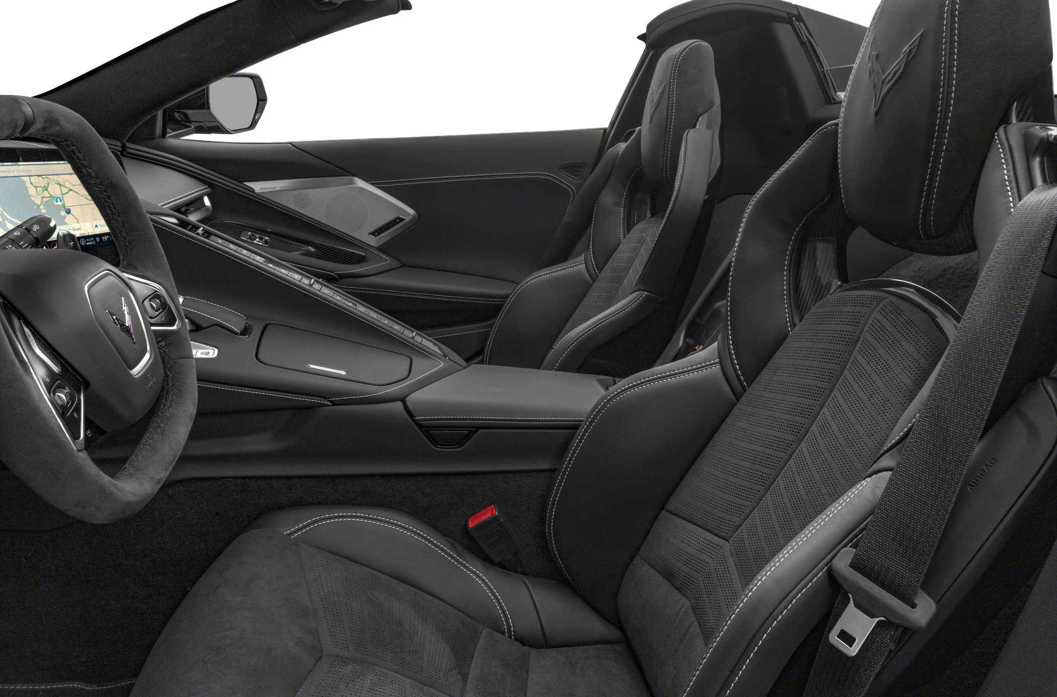 Sporty luxurious seats with detailed stitching and modern cockpit layout