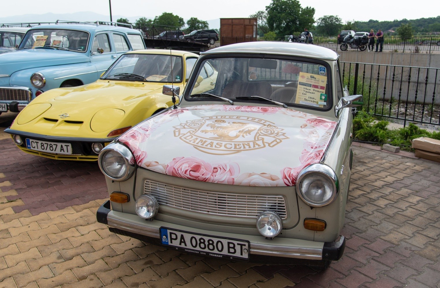 Front grille with dual circular headlights and floral hood design