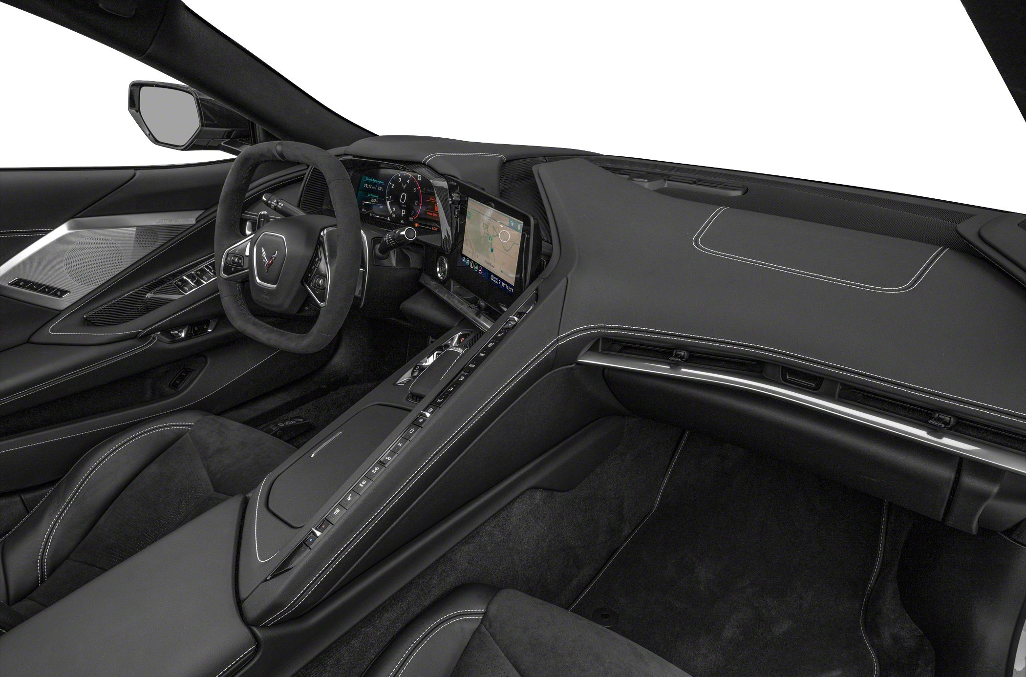 Interior dashboard and steering wheel with digital display and touchscreen