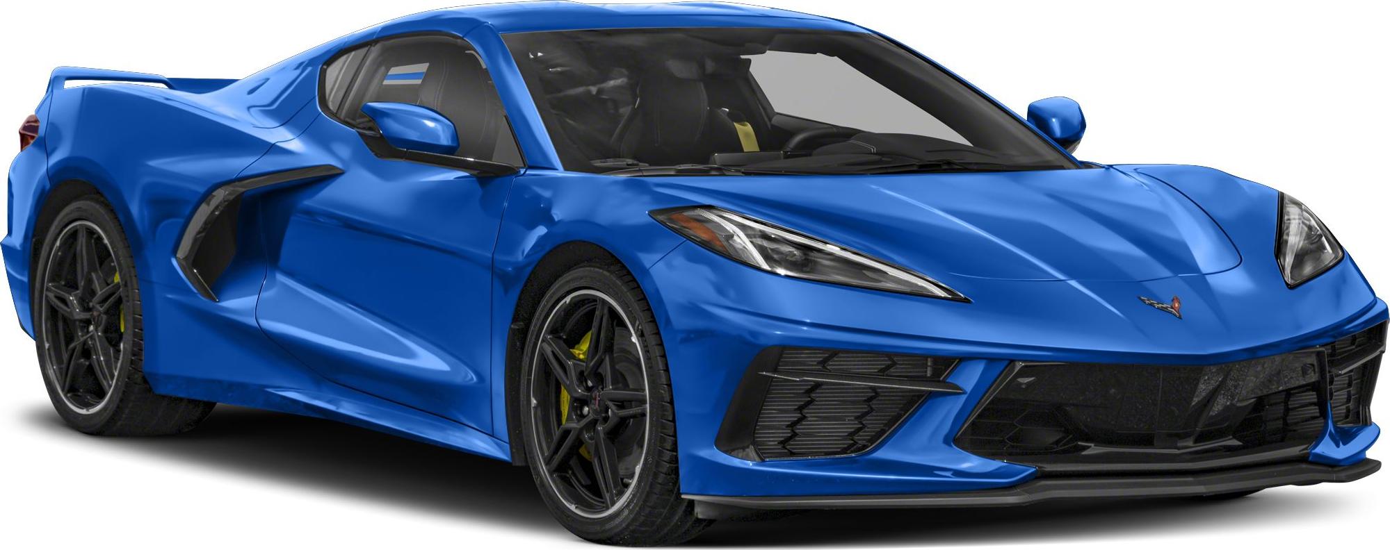 Mid-engine blue sports coupe with aerodynamic air intakes and sharp LED headlights