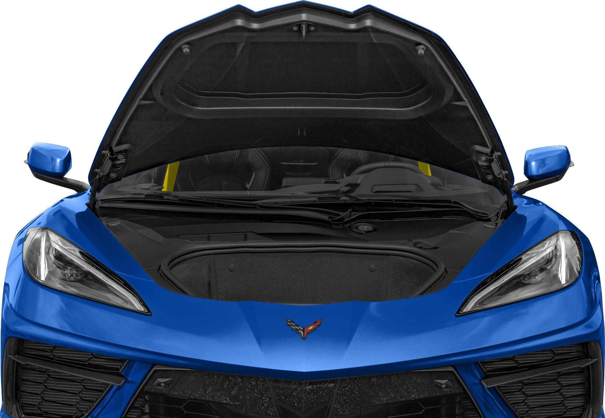 Open front trunk compartment with hood lifted on a sports coupe