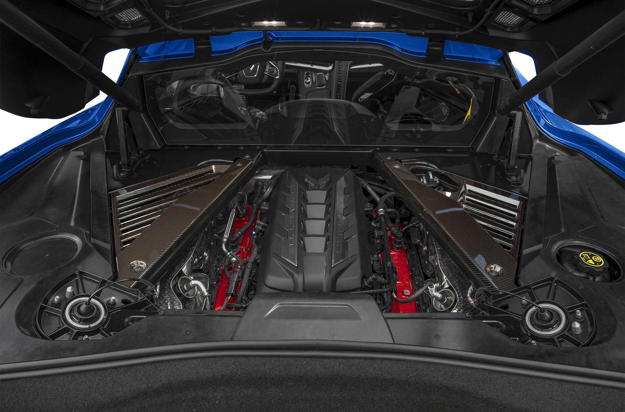 Mid-engine V8 powertrain with carbon fiber supports.