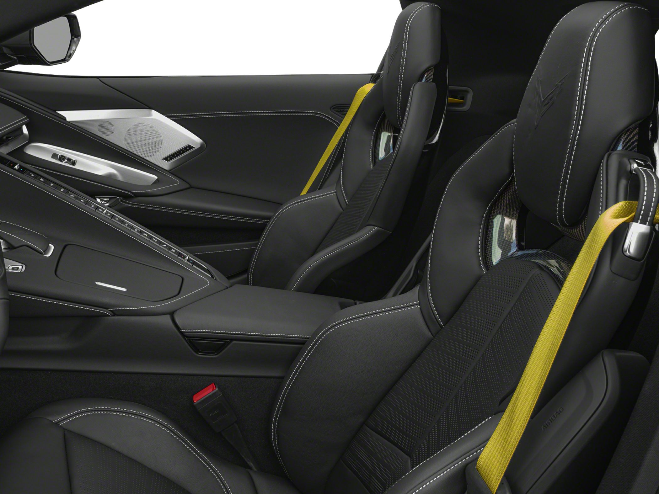 Black leather sport seats with white stitching and yellow seatbelts in a luxury car interior.