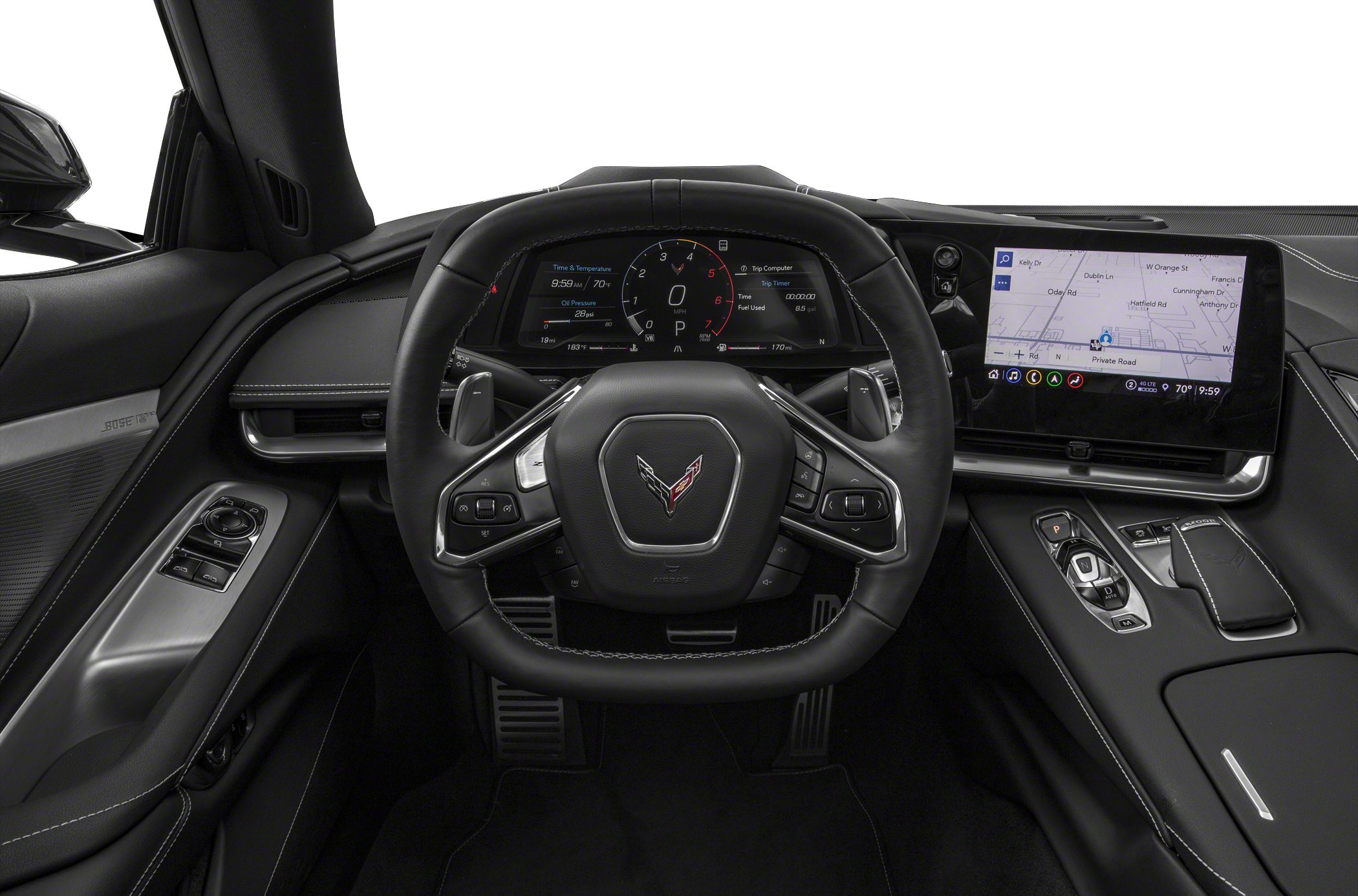 Digital dashboard, steering wheel, navigation touchscreen