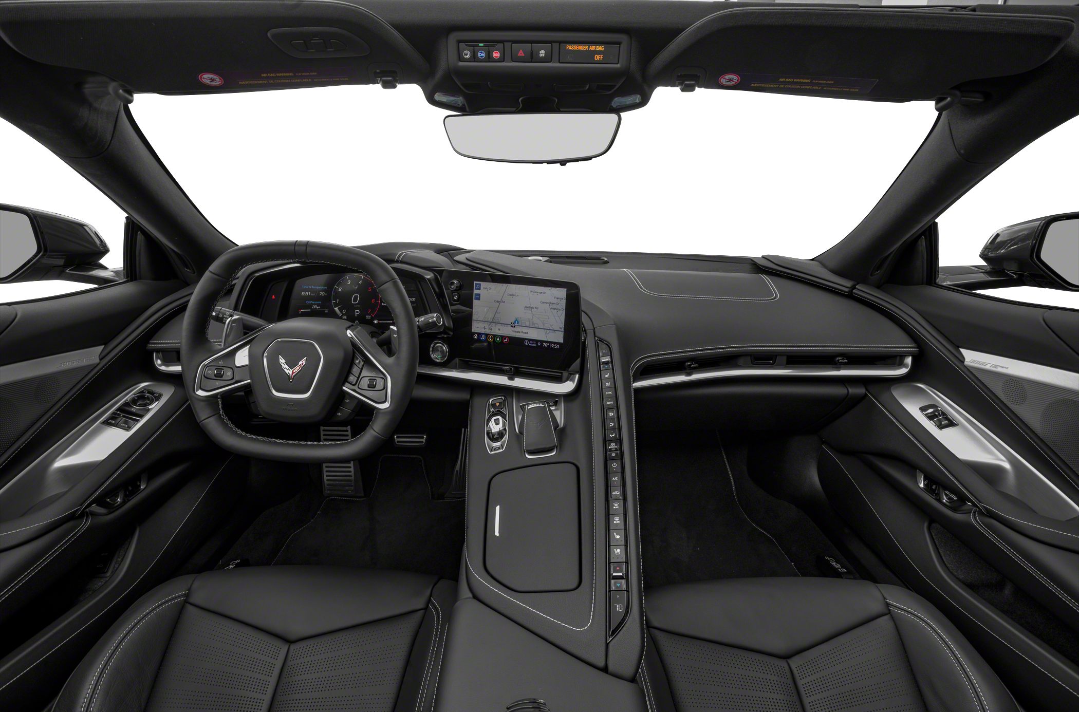 Modern sports car interior with digital cluster and infotainment touchscreen