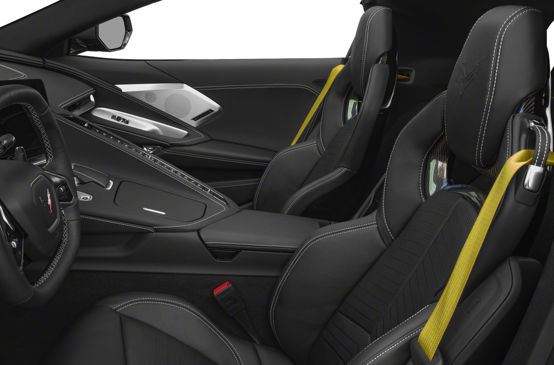 Black sport seats with white stitching and yellow seatbelts