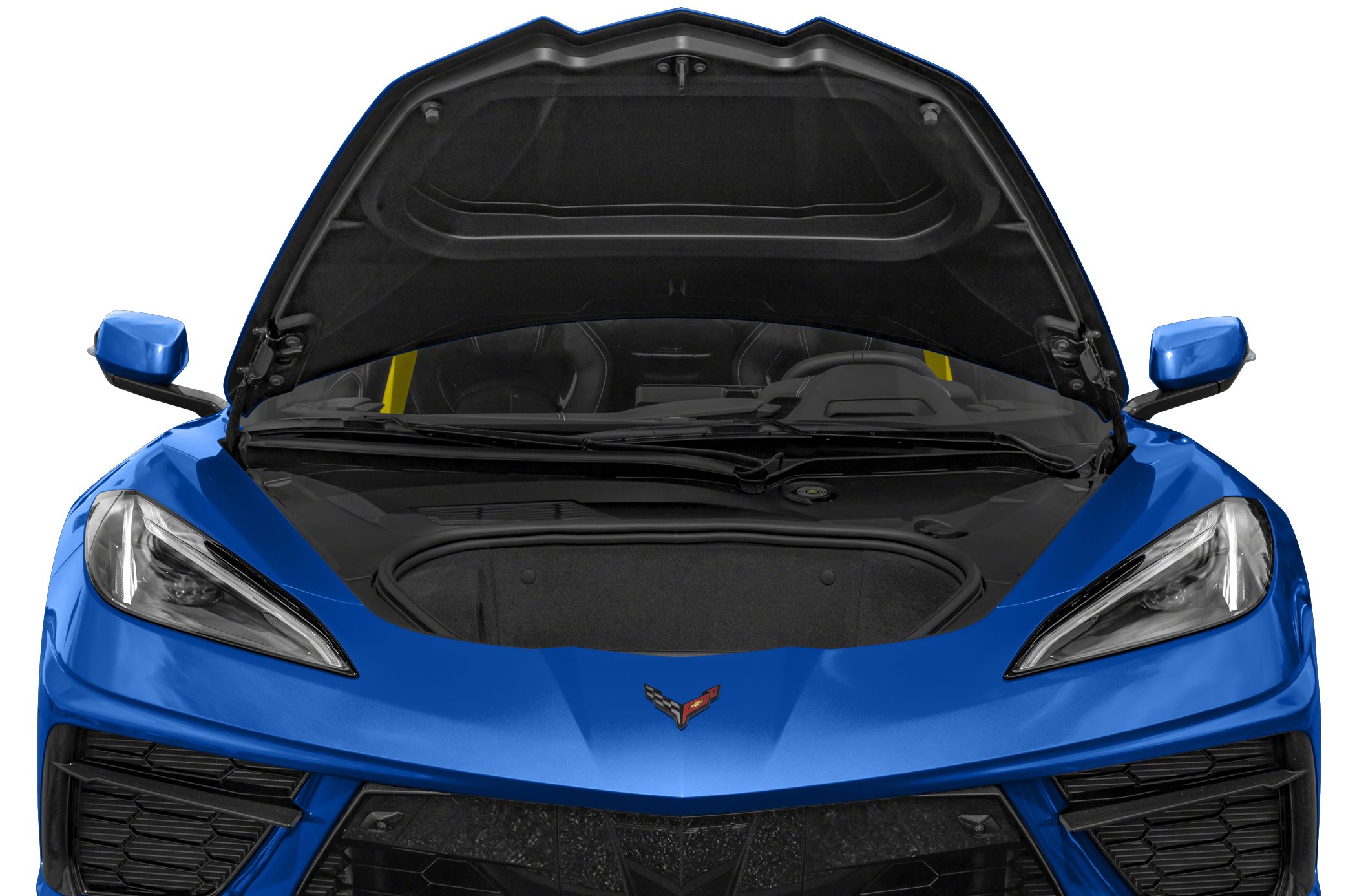 Front trunk (frunk) storage compartment with open hood and blue exterior