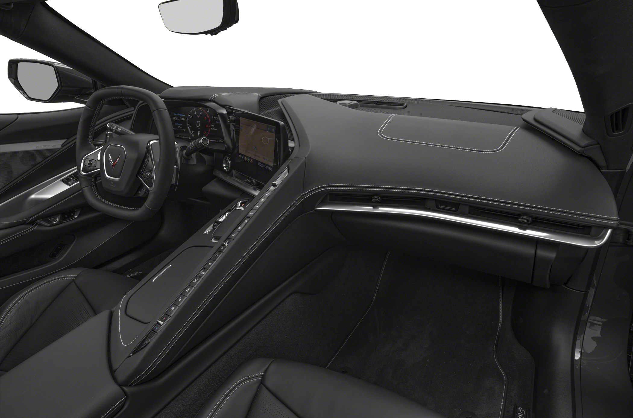 Modern sports car interior with digital dashboard and ergonomic steering wheel