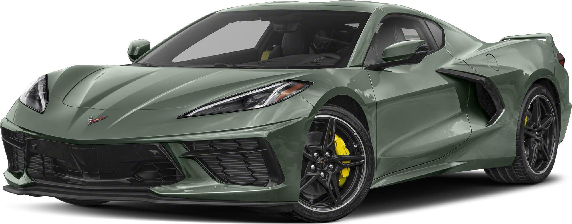 Front-side view of a green sports coupe with yellow brake calipers.