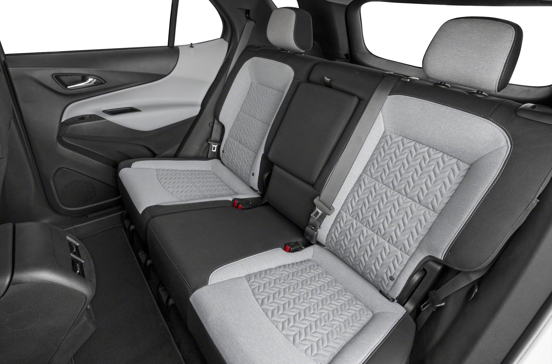 Rear car seat with two-tone upholstery and foldable center armrest